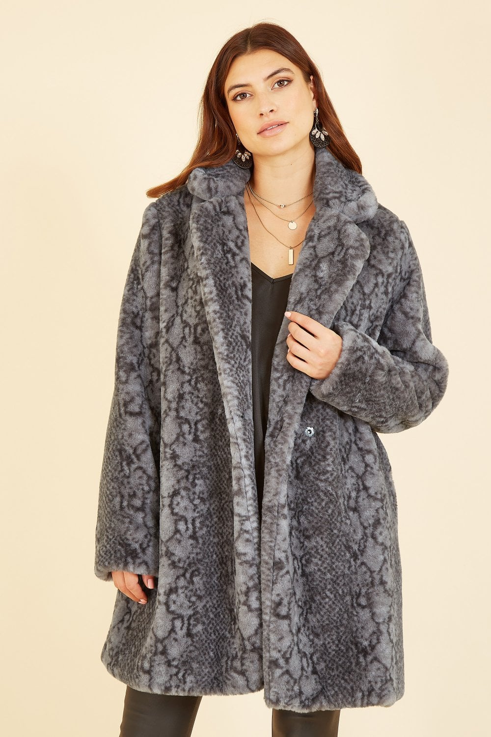 Grey Snakeskin Print Faux Fur Coat - Sizes 8 to 16