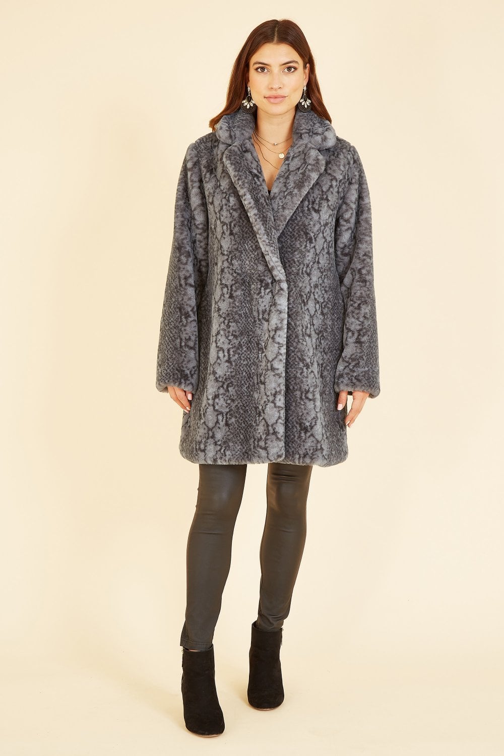 Grey Snakeskin Print Faux Fur Coat - Sizes 8 to 16