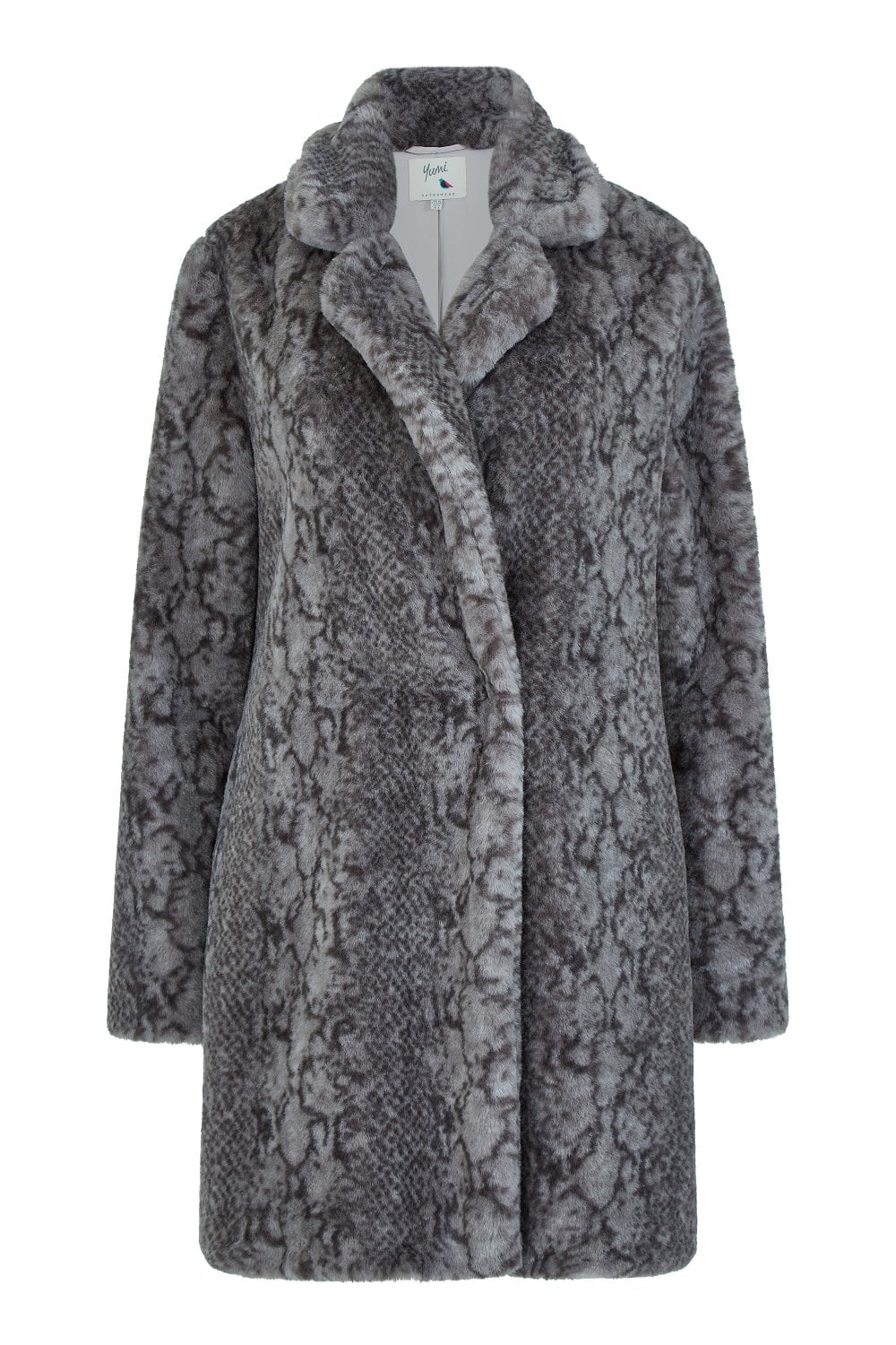 Grey Snakeskin Print Faux Fur Coat - Sizes 8 to 16