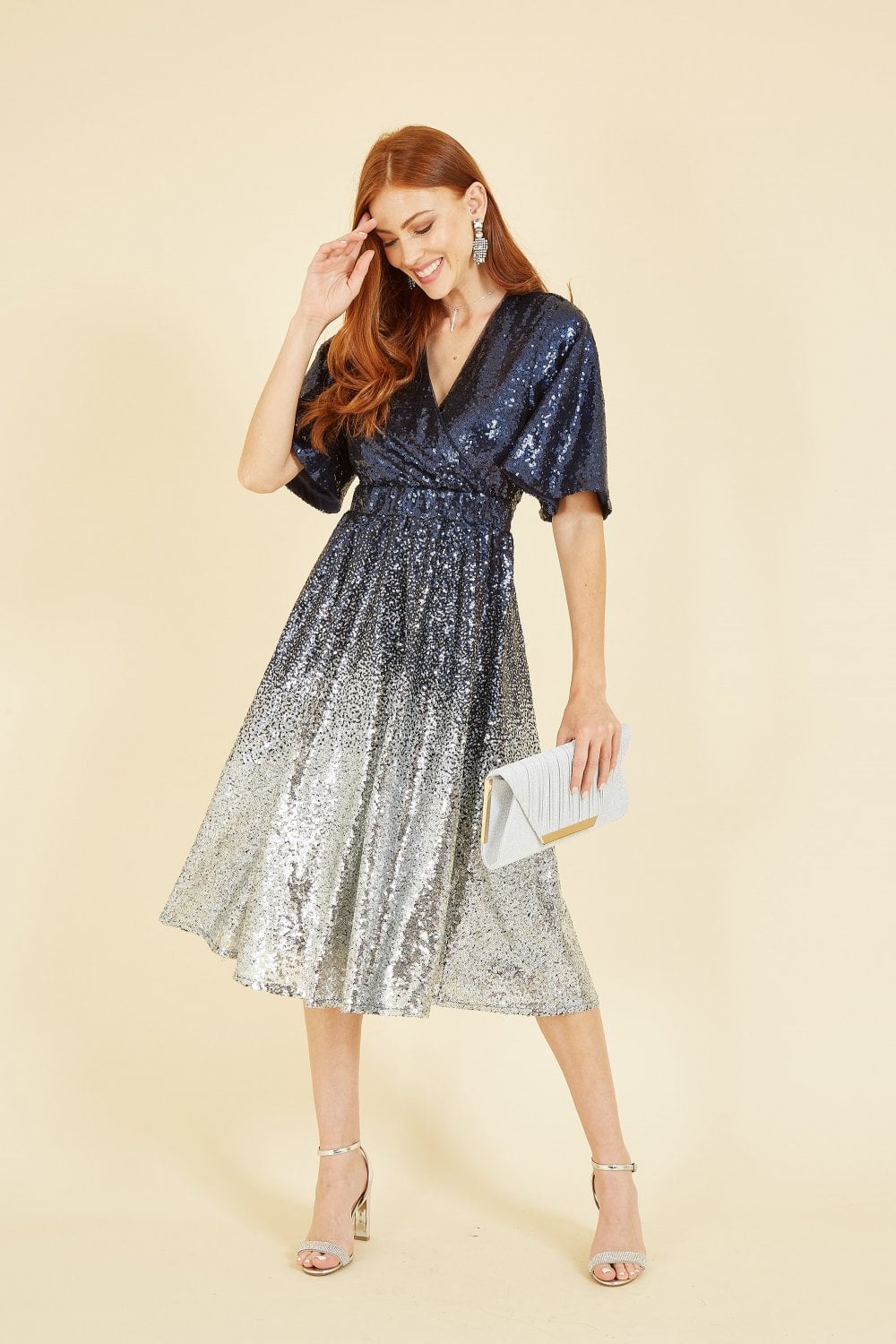 Navy and Silver Ombre Sequin Wrap Dress - Sizes 8 to 26