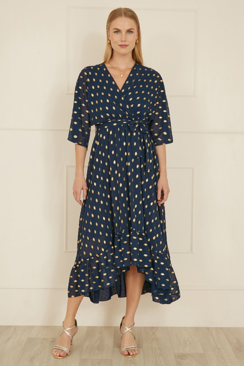 Navy Foil Print Wrap Over Dip Hem Midi Dress - Sizes 8 to 22
