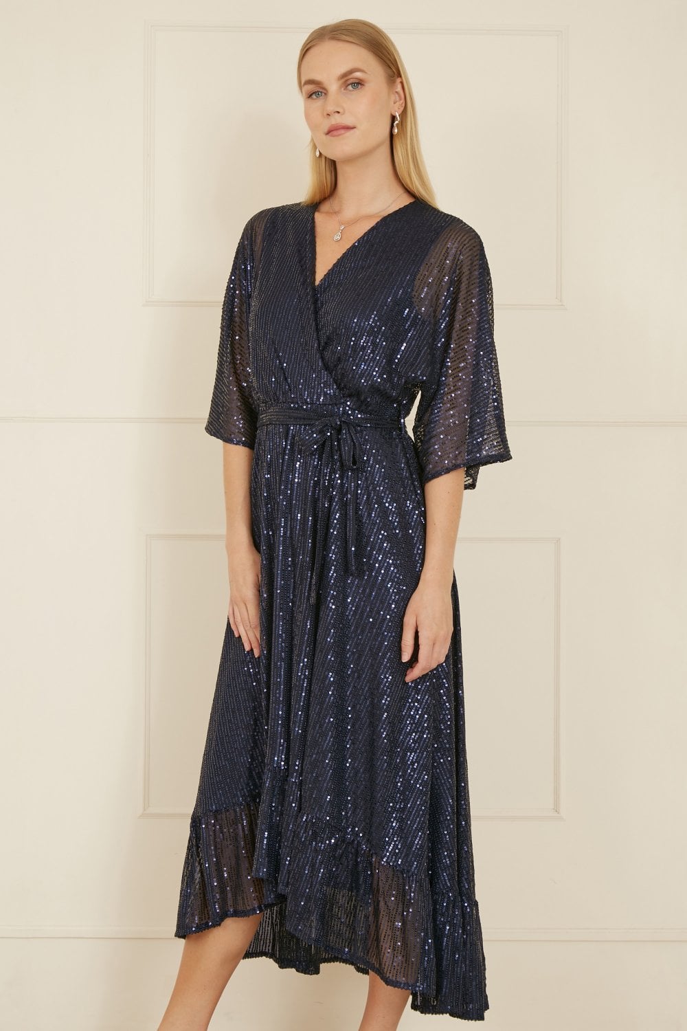 Navy Sequin Kimono Midi Wrap Dress - Sizes 8 to 22