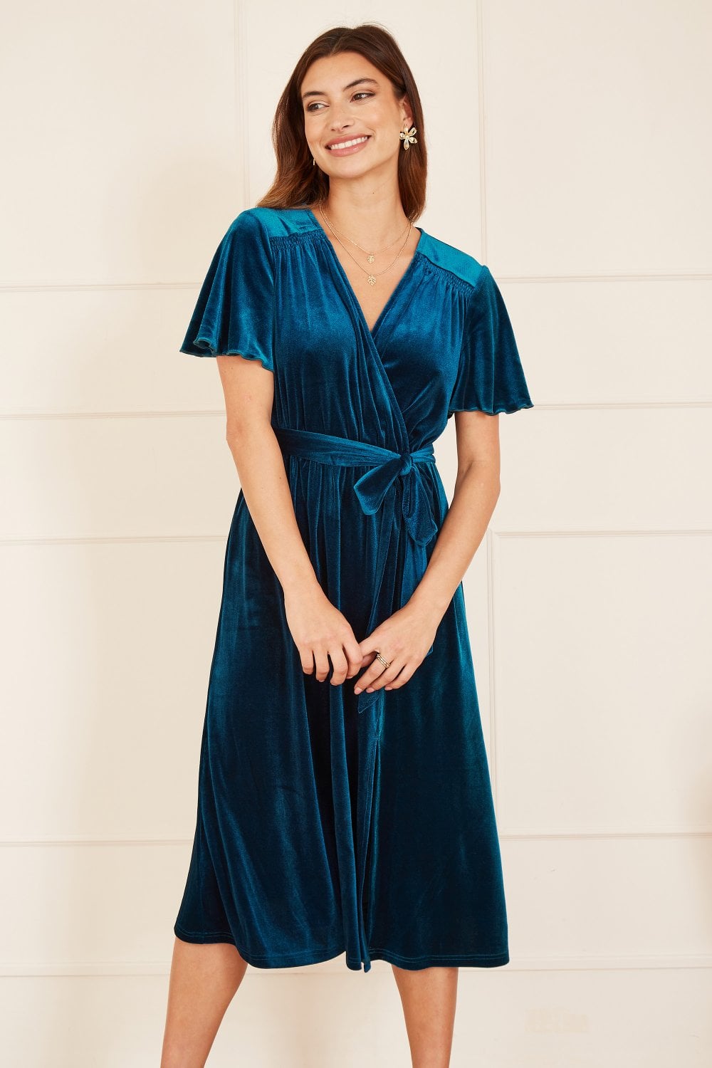 Teal Wrap Over Velvet Midi Dress - Sizes 8 to 26