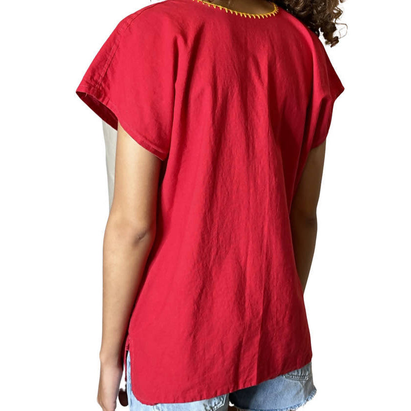Vintage Red Floral Embroidered Top UK 8 - 12