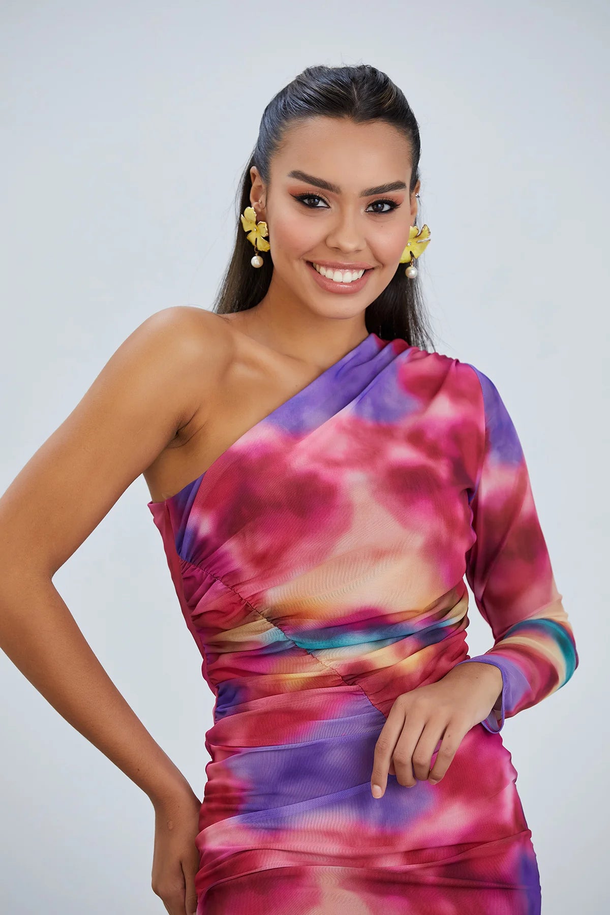 One Shoulder Mesh Dress in Tie-Dye Print - Pink - By Jenerique image 0