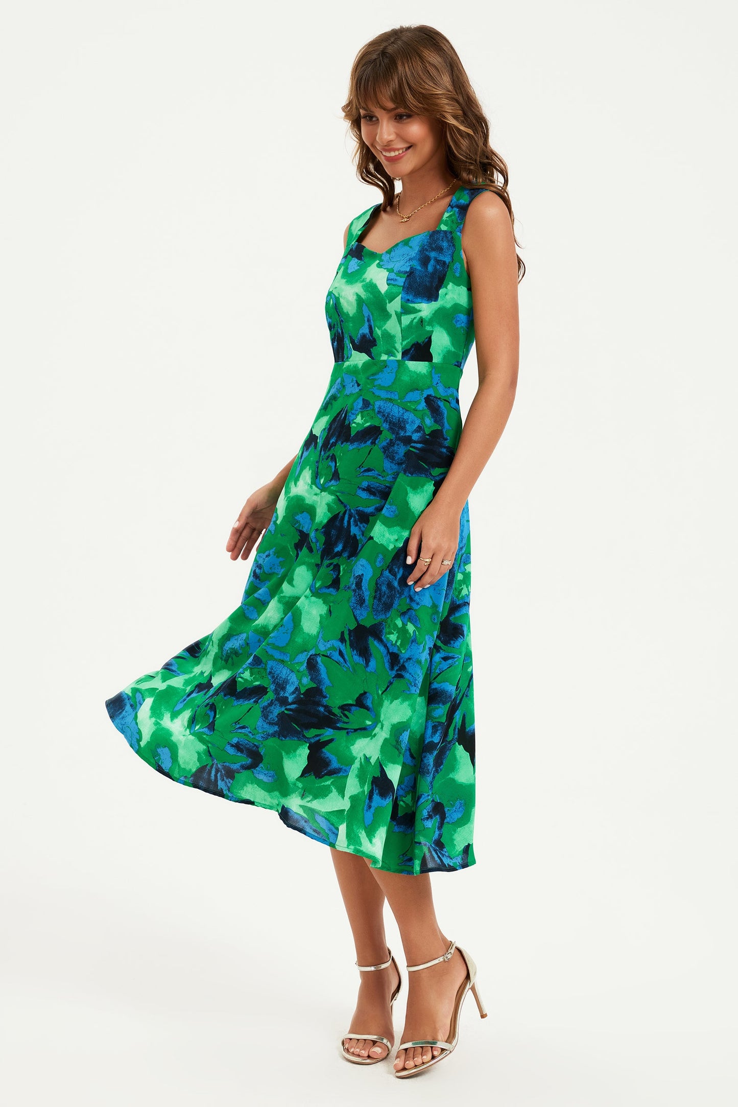 Green Abstract Floral Print Sweetheart Neck Dress
