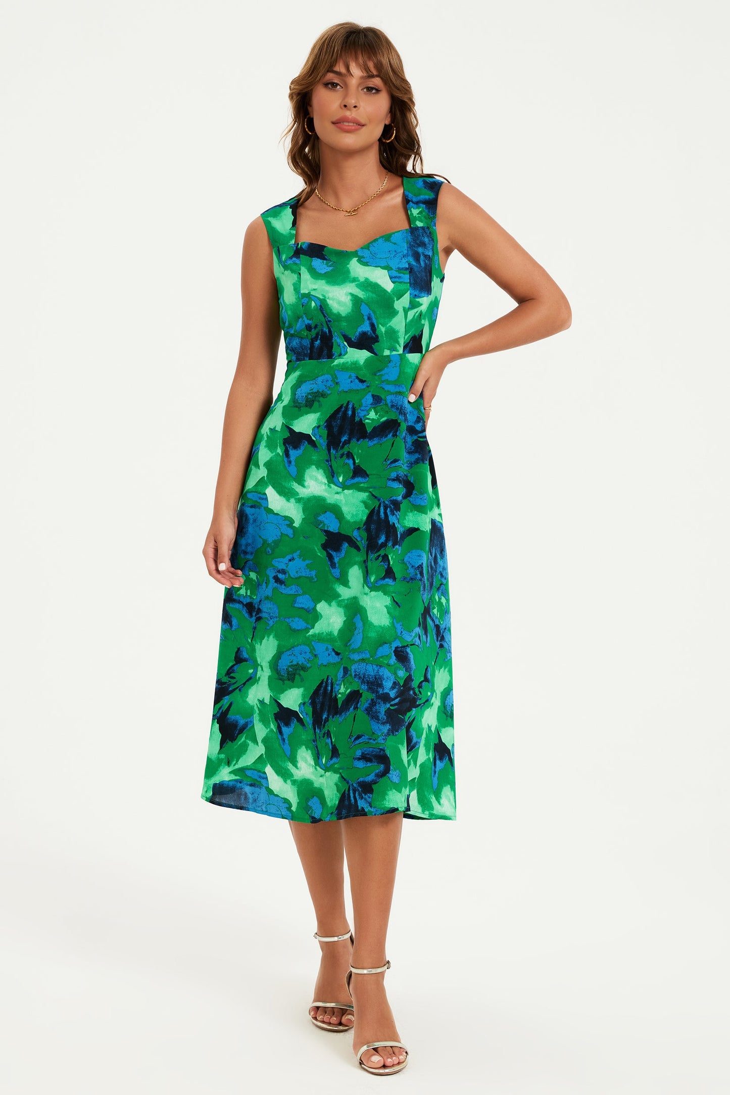 Green Abstract Floral Print Sweetheart Neck Dress