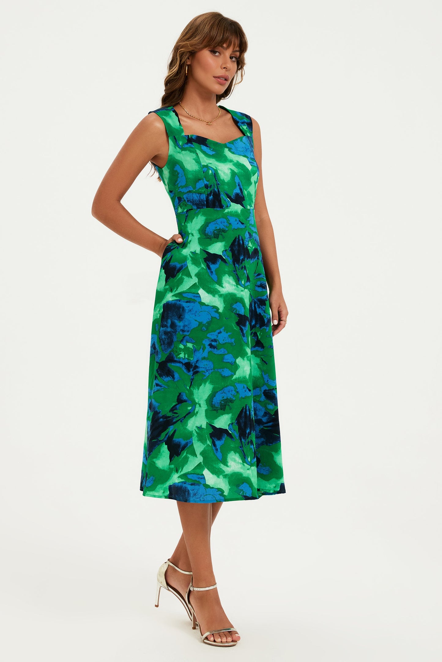 Green Abstract Floral Print Sweetheart Neck Dress