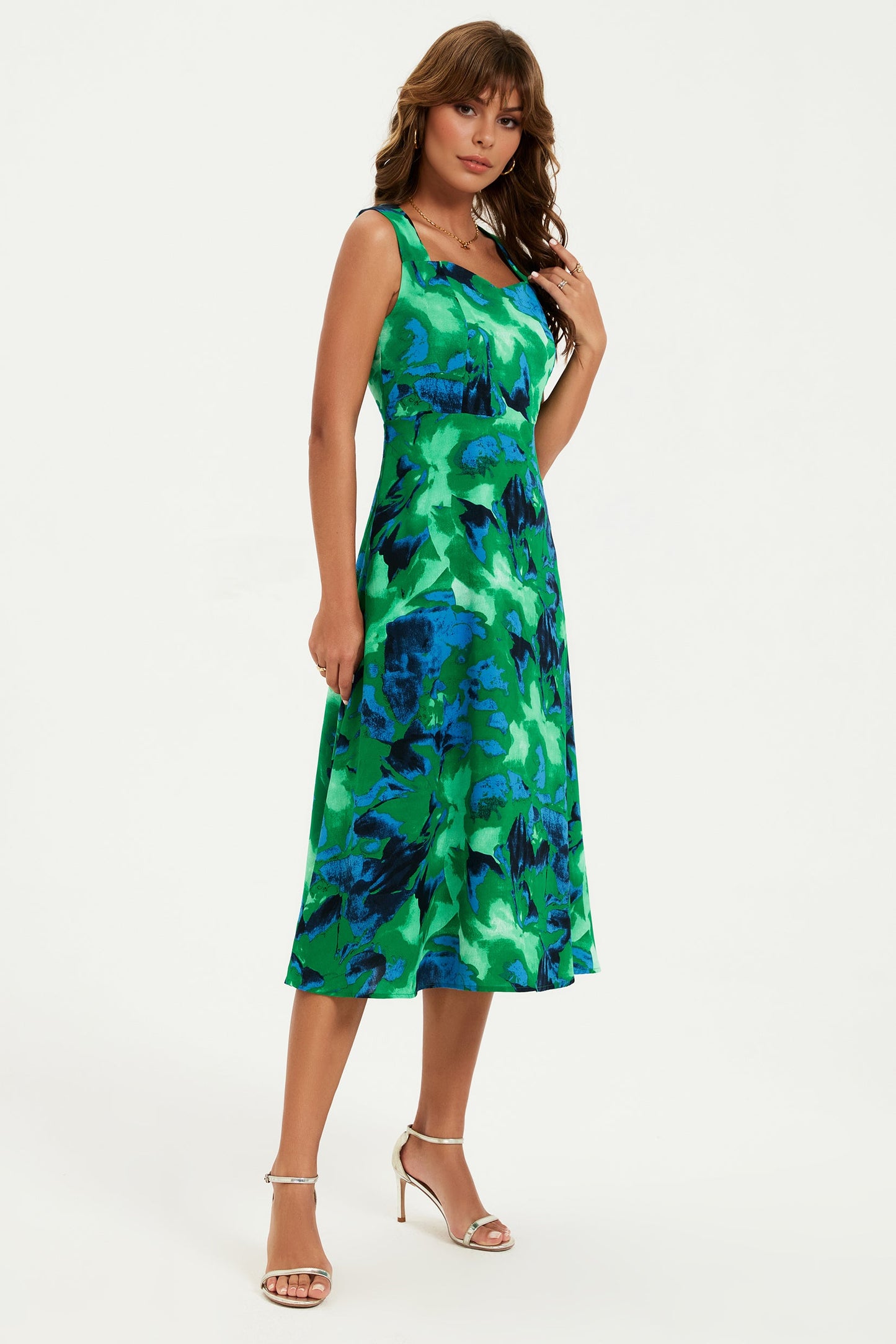 Green Abstract Floral Print Sweetheart Neck Dress
