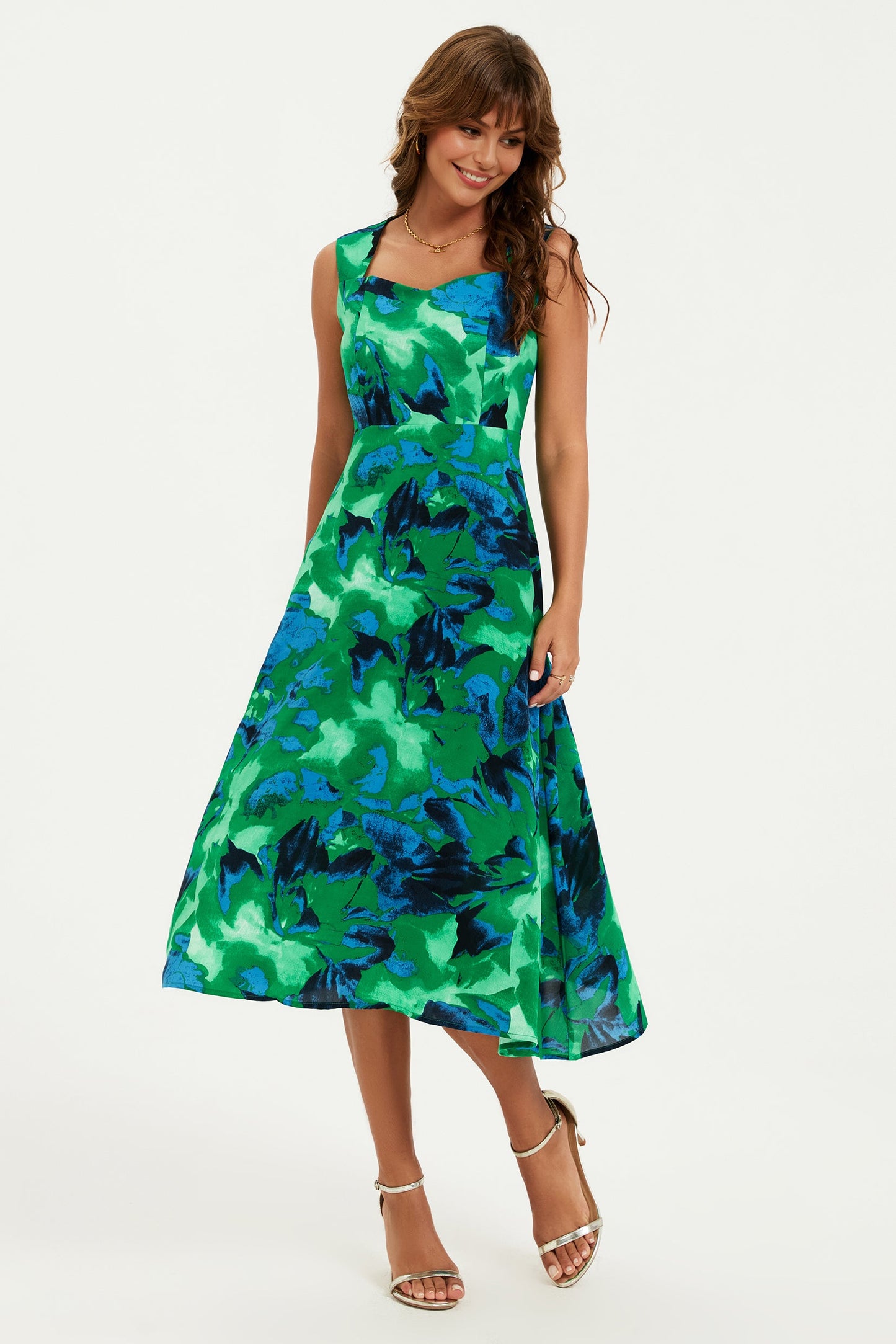 Green Abstract Floral Print Sweetheart Neck Dress