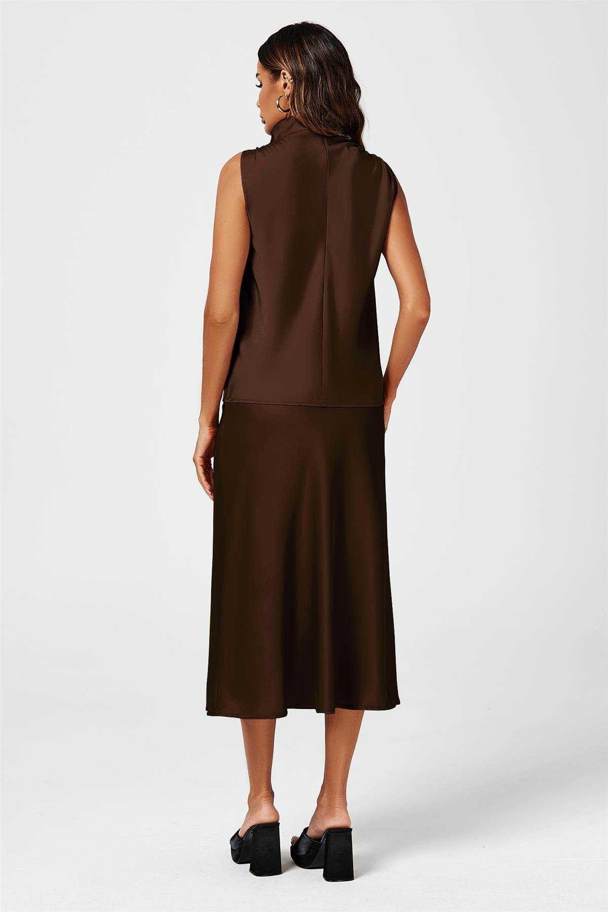 Brown Satin High Neck Sleeveless Blouse