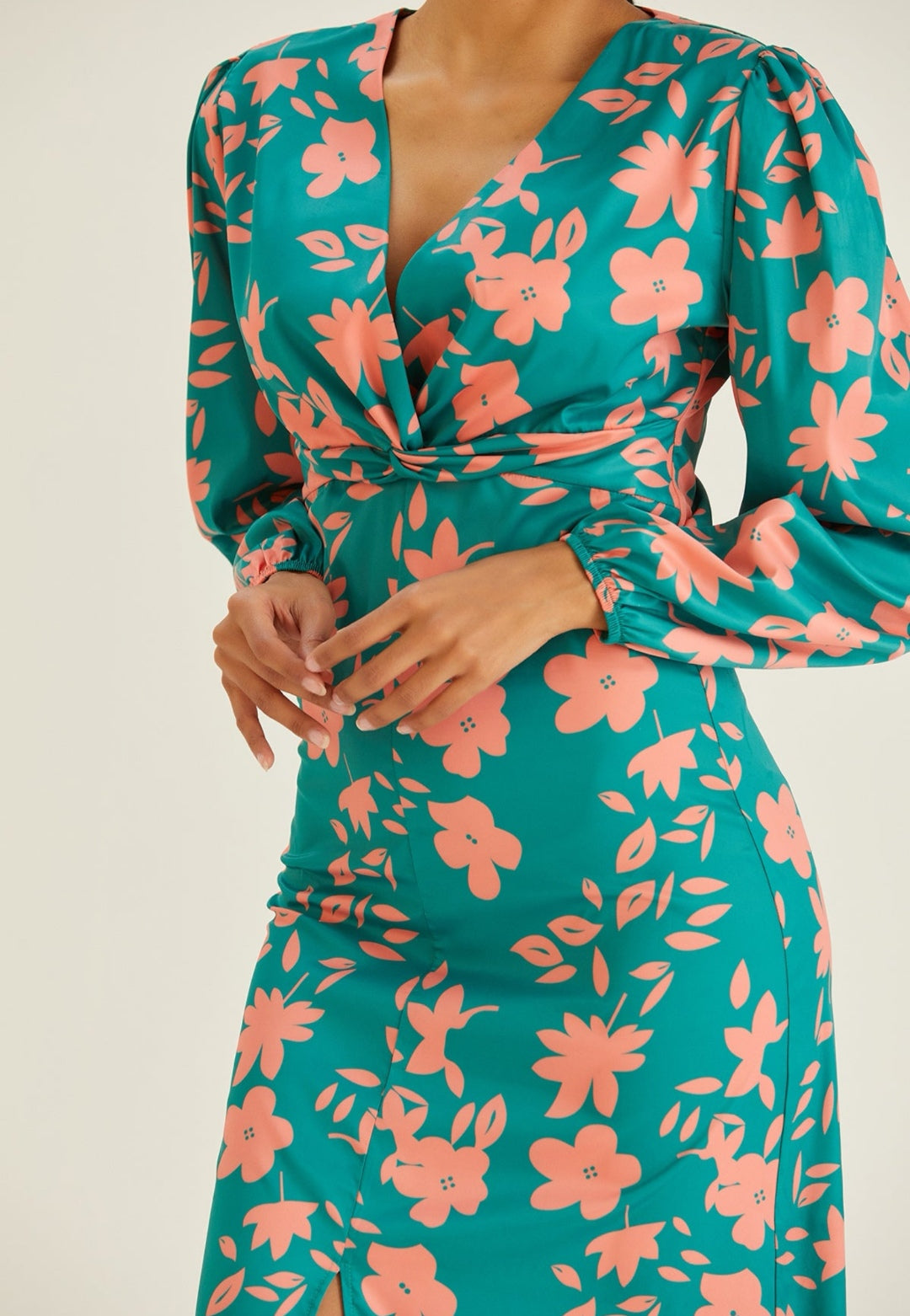 Twist Knot Midi Dress with Slit - Green Floral - By Jenerique image 2