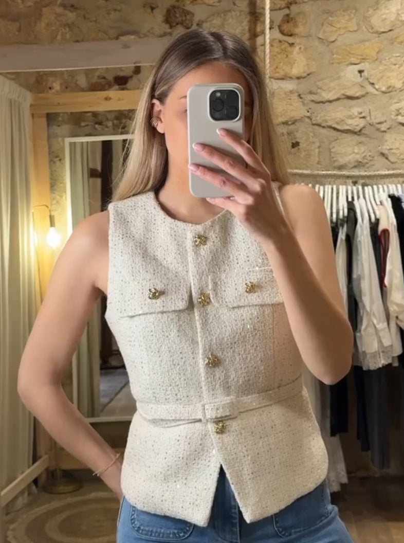 Ivory Tweed Embellished Waistcoat image 2