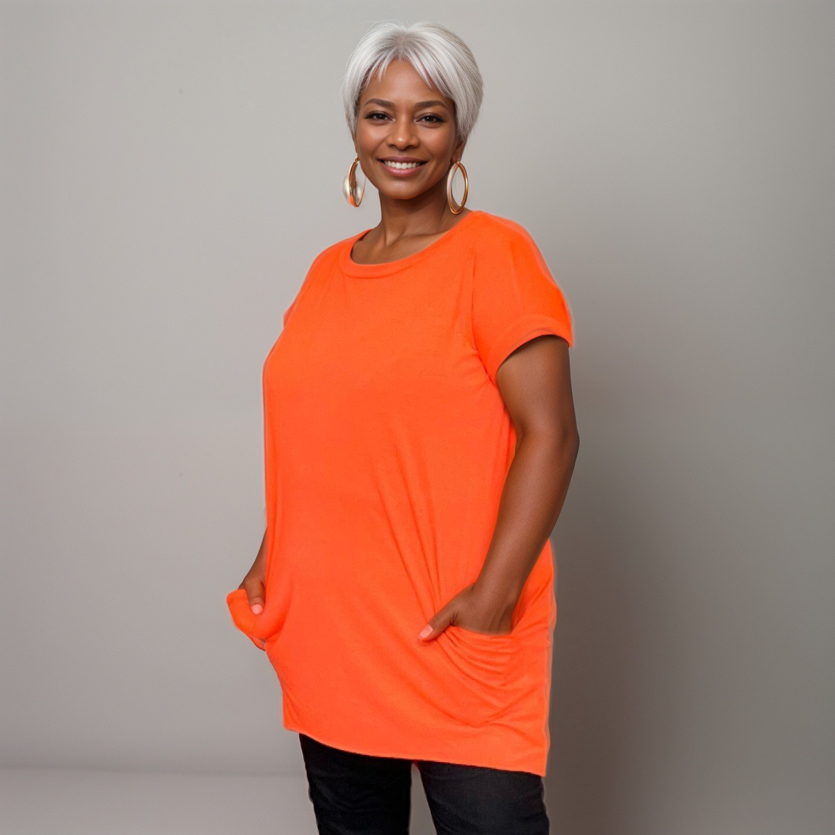 Long Dipped-Hem T-Shirt with Side Pockets - Various Colour Options