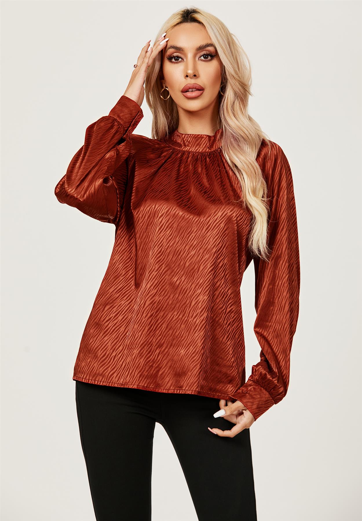 Copper Red Halter Neck Satin Long Sleeve Blouse Top