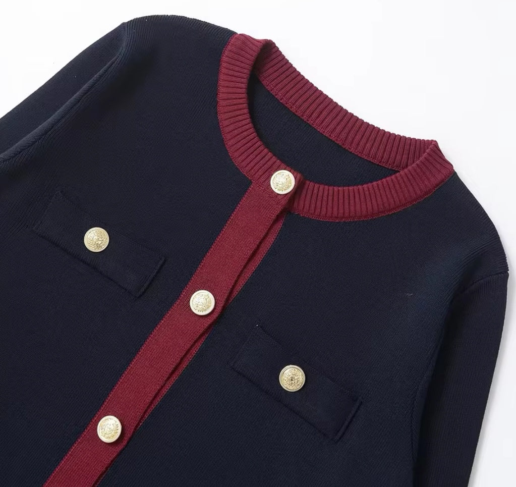 Round Neck Colour Contrast Soft Knit Cardigan - Navy/Burgundy  image 2