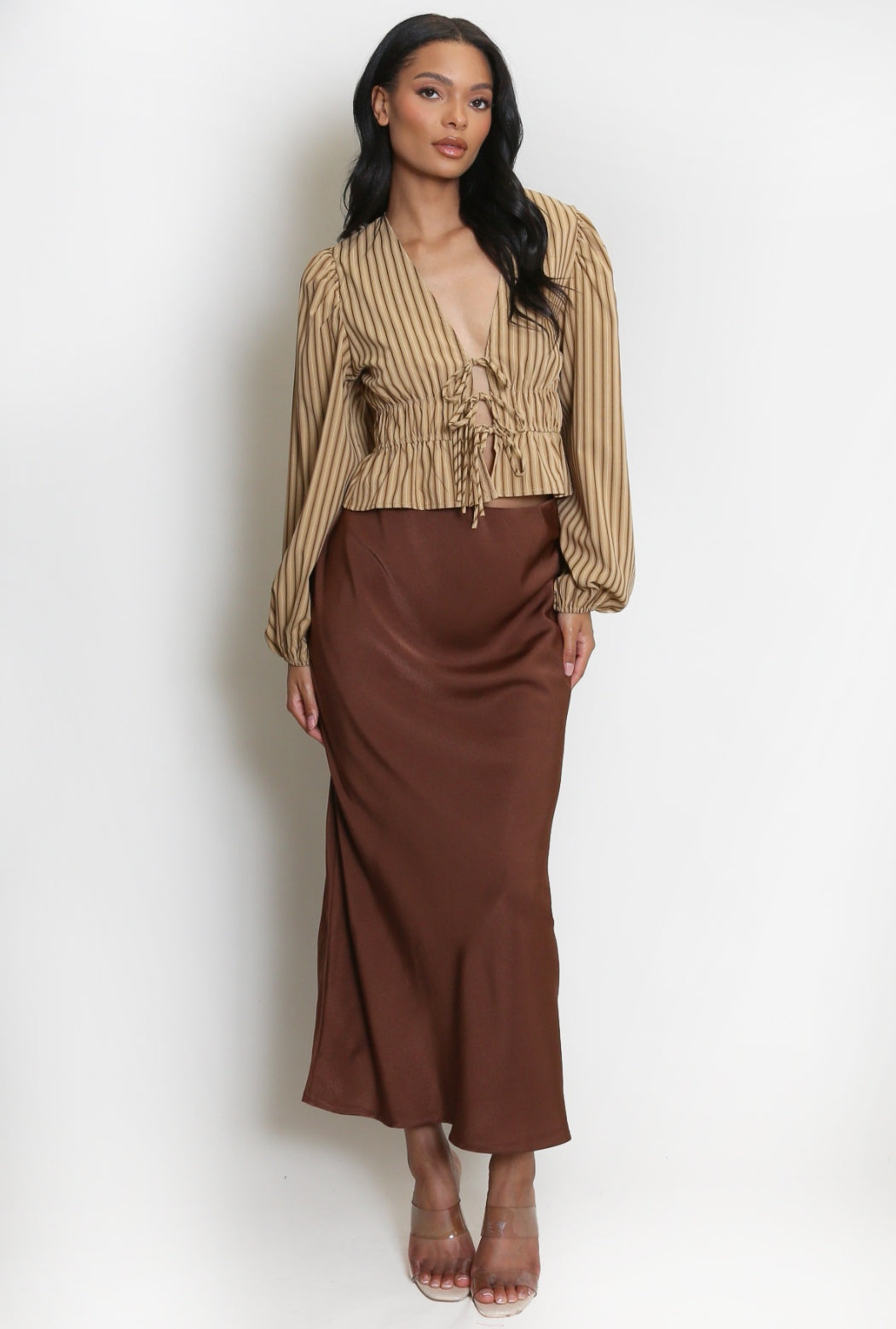 Satin Plush Bias Cut Midi Skirt - Coffee image 1