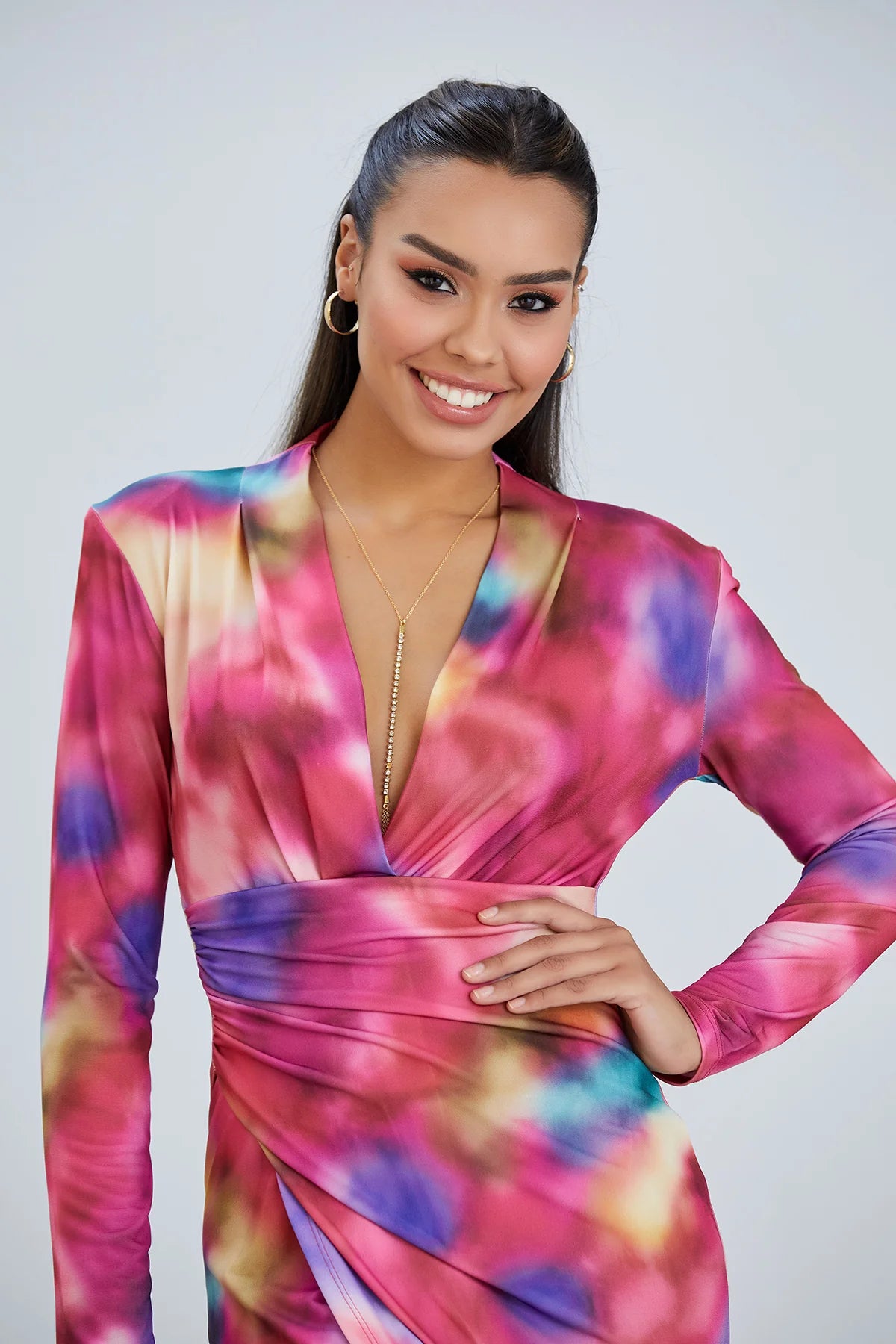 Long Sleeve Wrap Midi Dress in Tie-Dye Print - Pink - By Jenerique image 2