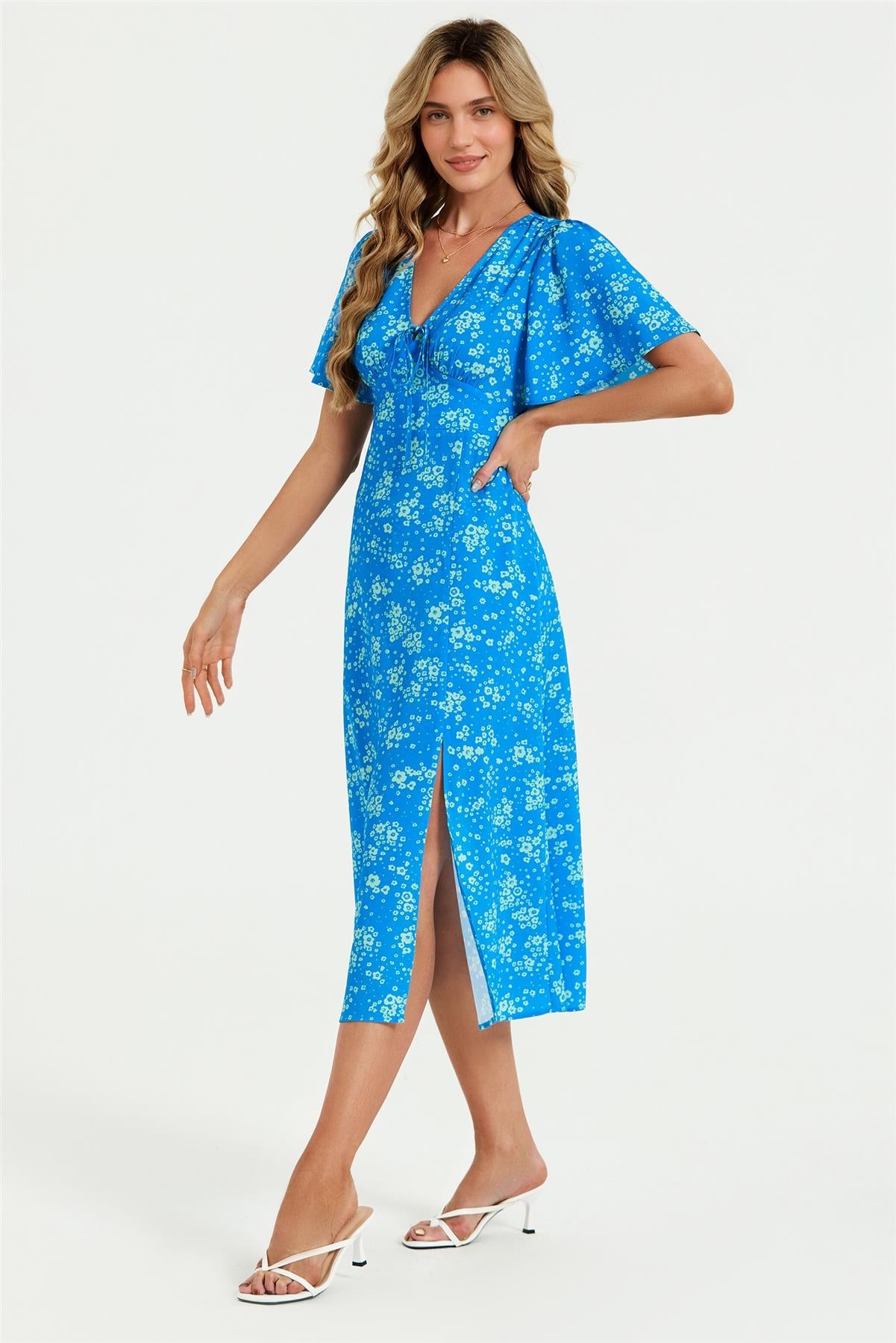 Blue Print Angel Sleeve Midi Dress