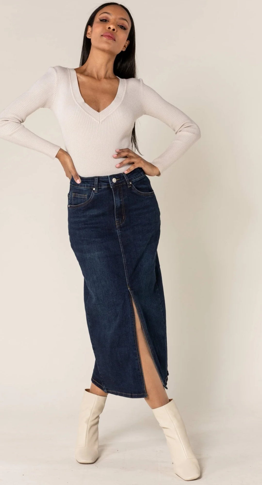 Denim Midaxi Skirt With Front Split image 1