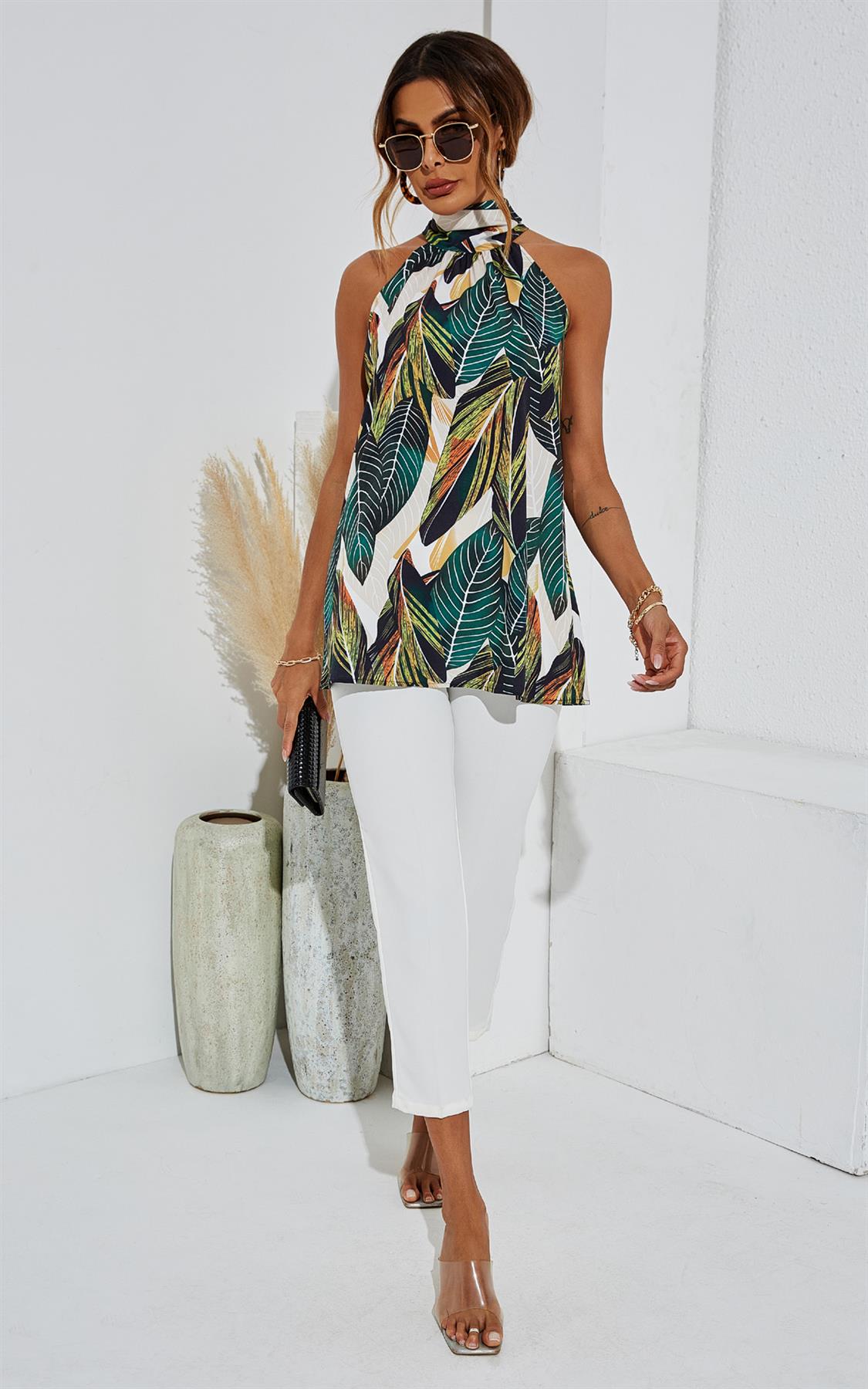 Green Leaf Print Halter Neck Tie Back Top