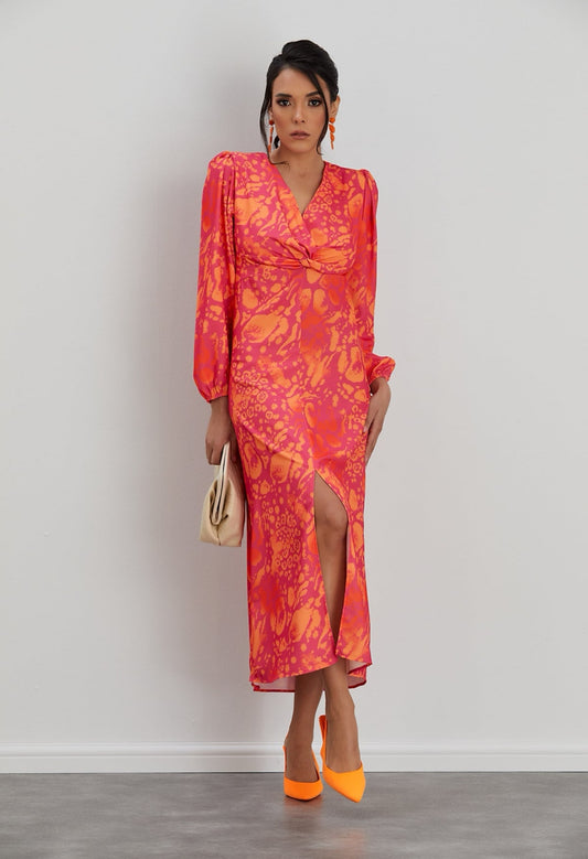 Twist Knot Midi Dress with Slit - Orange Leopard - By Jenerique image 0