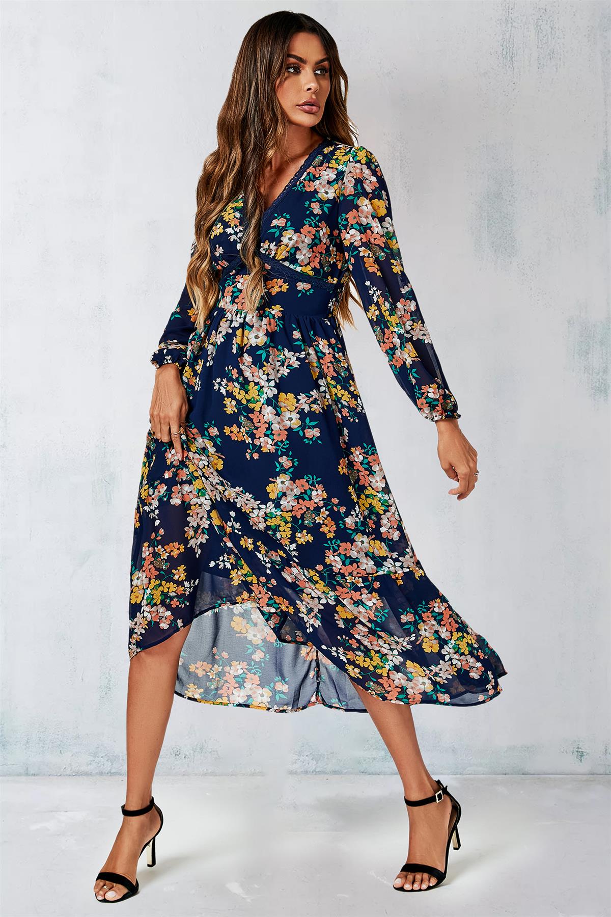 Navy Floral Print Long Sleeve Maxi Dress