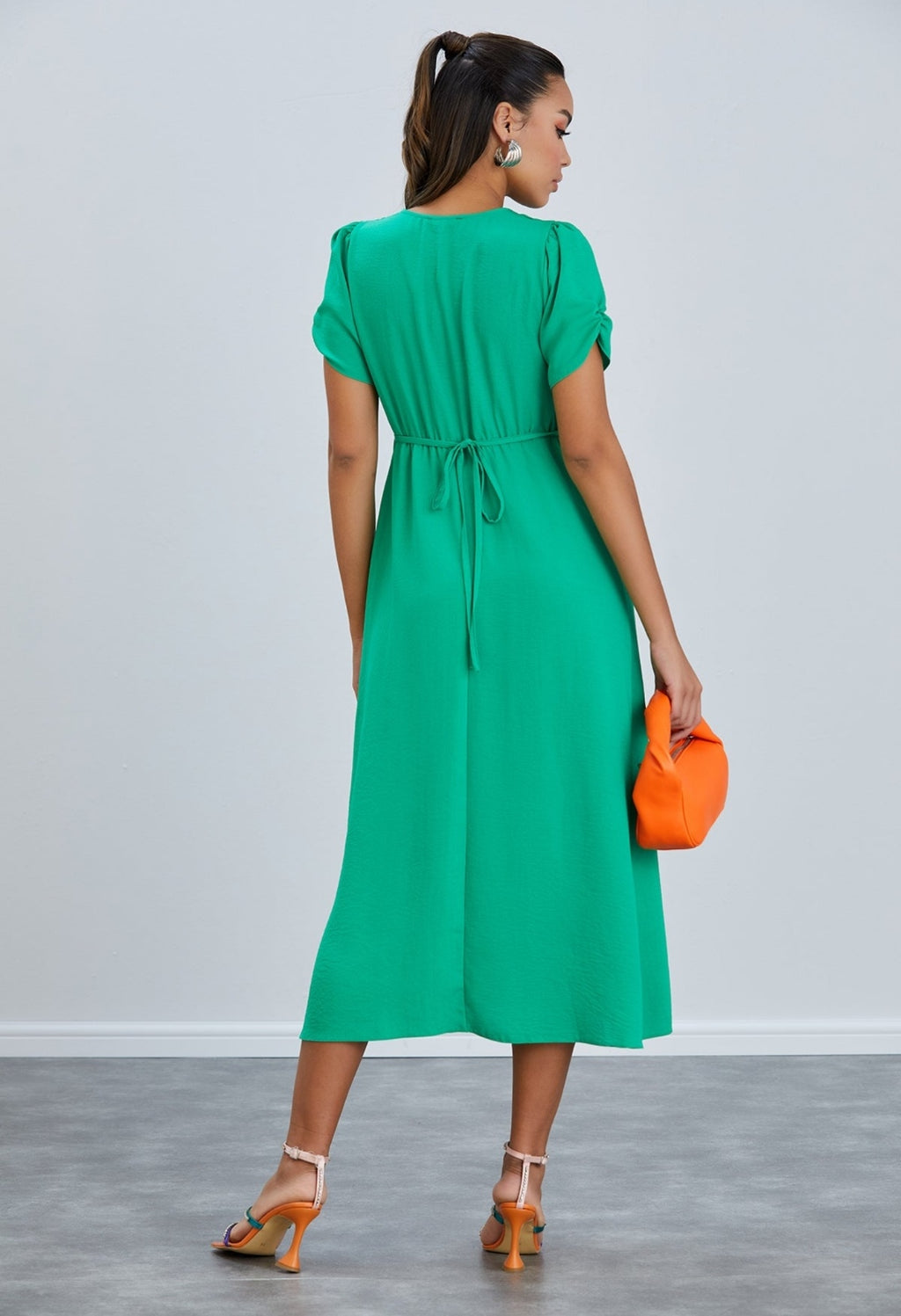Linen Style Button Down Midi Dress - Green - By Jenerique image 3