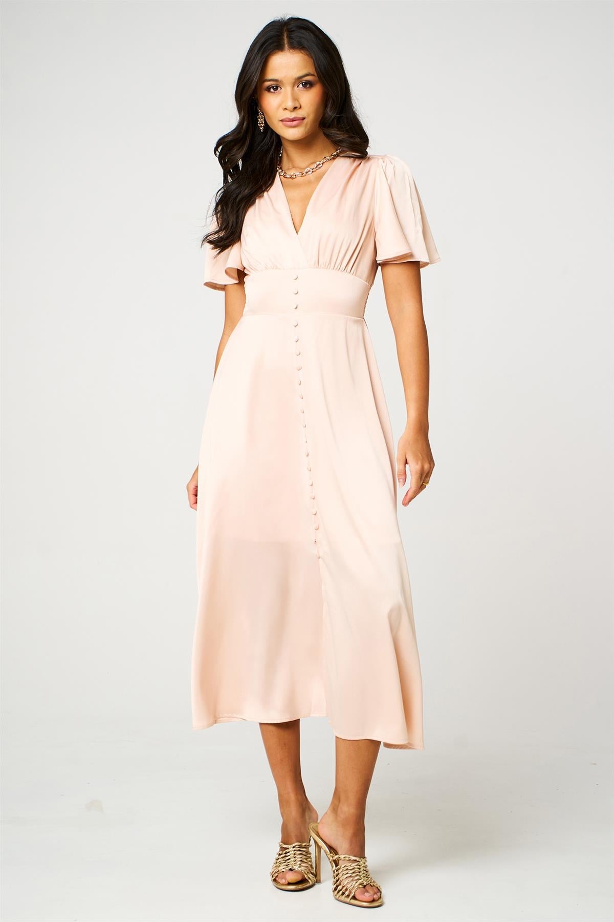 Blush Satin V Neck Button Detail Dress In Blush
