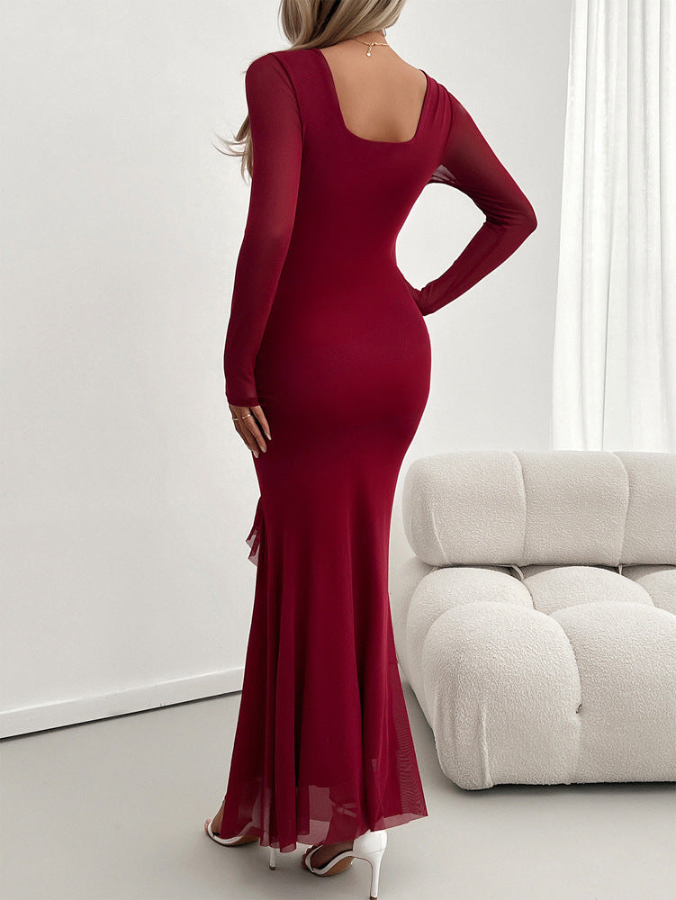 Mesh V-Neck Ruffle Detail Maxi Dress