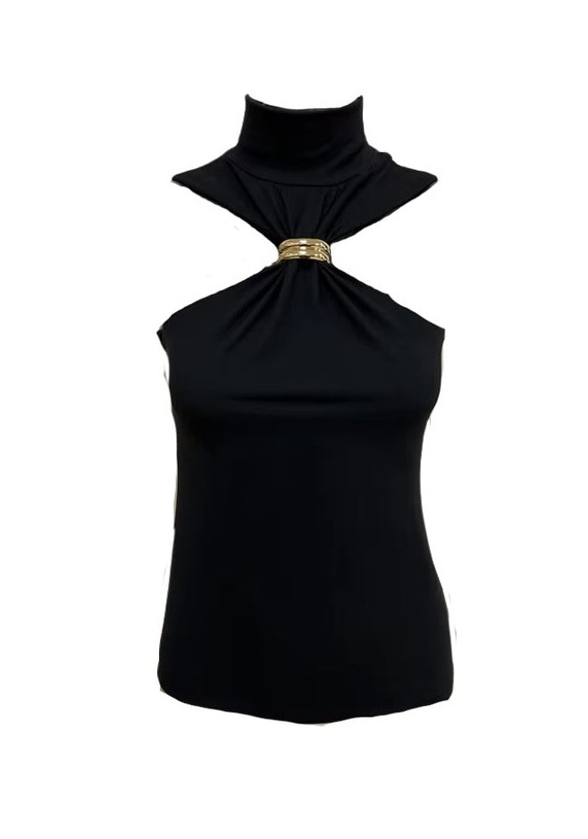 Gold Ring Turtle Neck Top - Black image 2