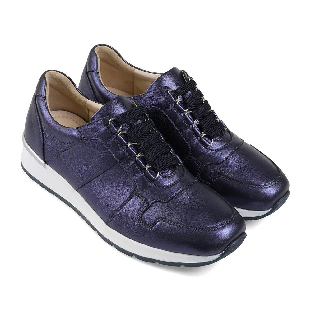 Navy Metallic Leather Trainers - Wide E Fit