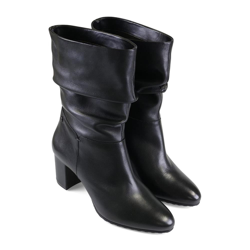 Black Soft Leather Ruched Boots - EE Wide Fit - Half Sizes