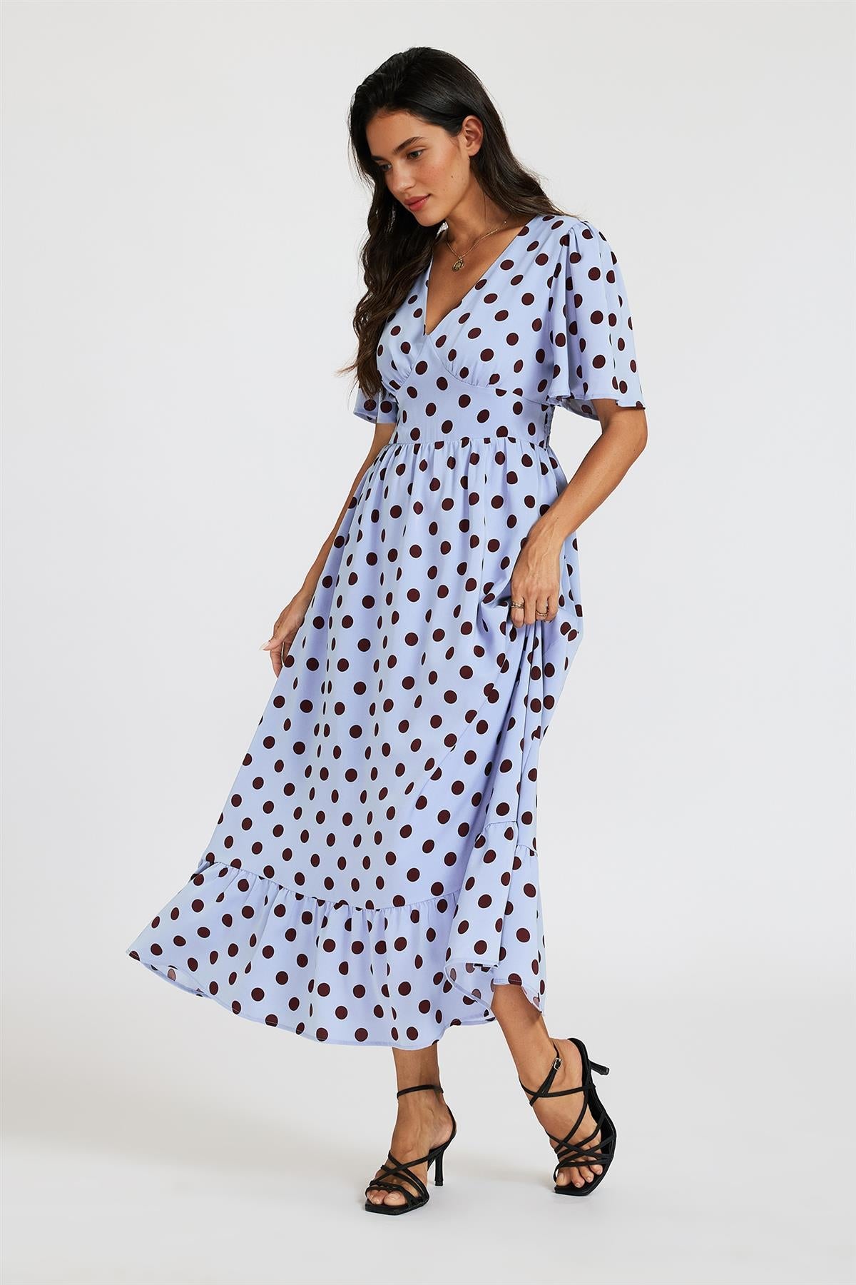 Blue Polka Dot Print Angel Sleeve Frill Hem Midi Dress