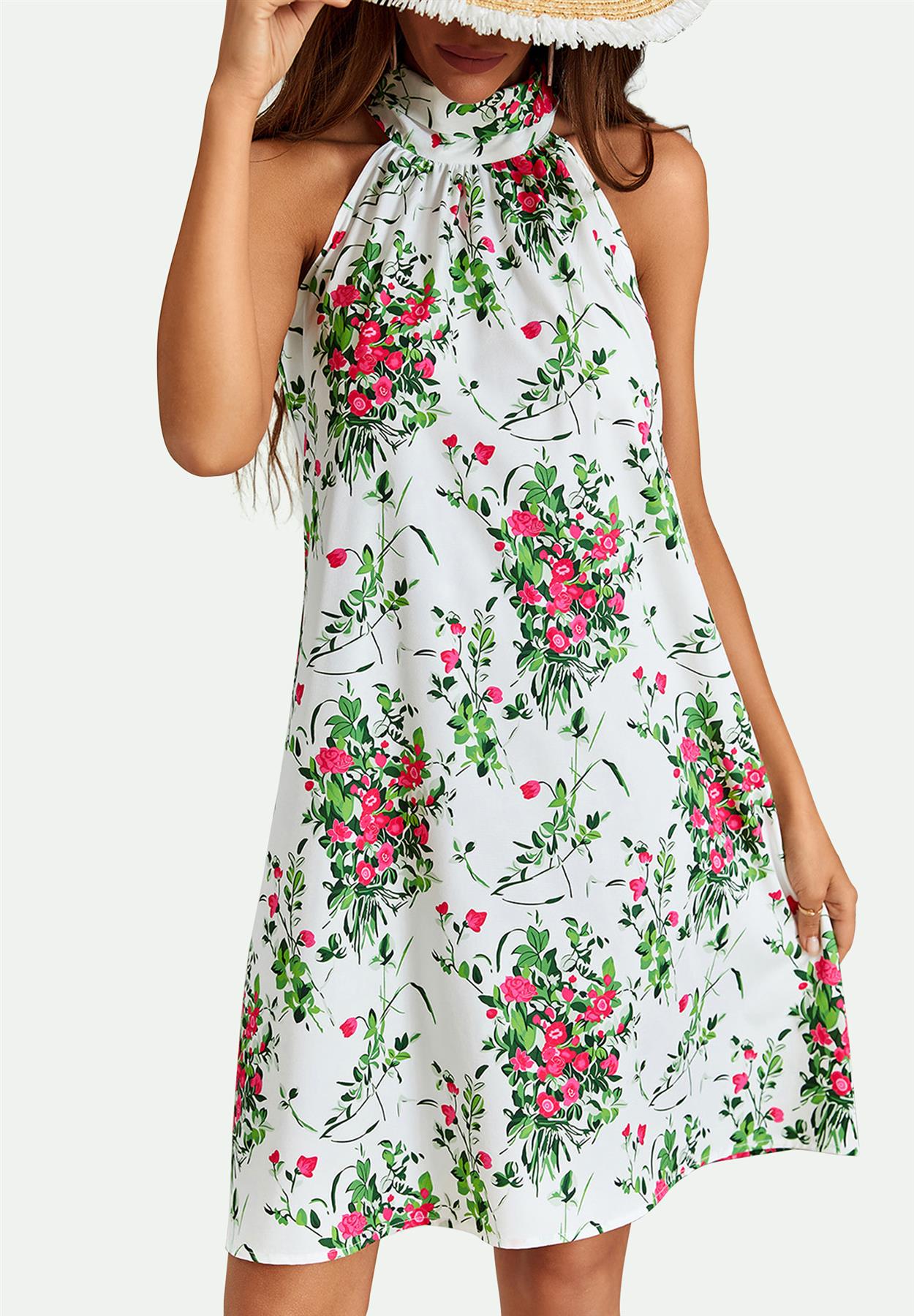 White Floral Print Halter Neck Tie Back Dress