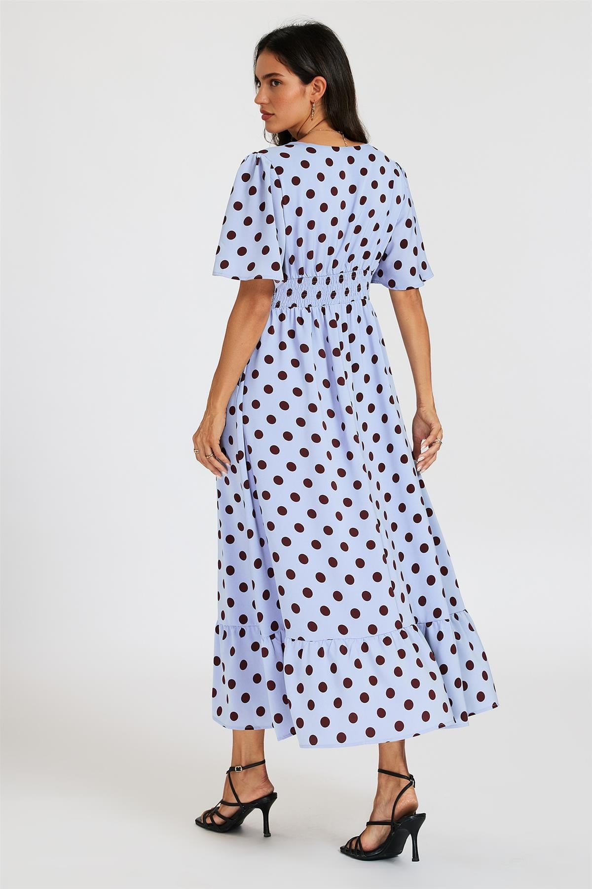 Blue Polka Dot Print Angel Sleeve Frill Hem Midi Dress