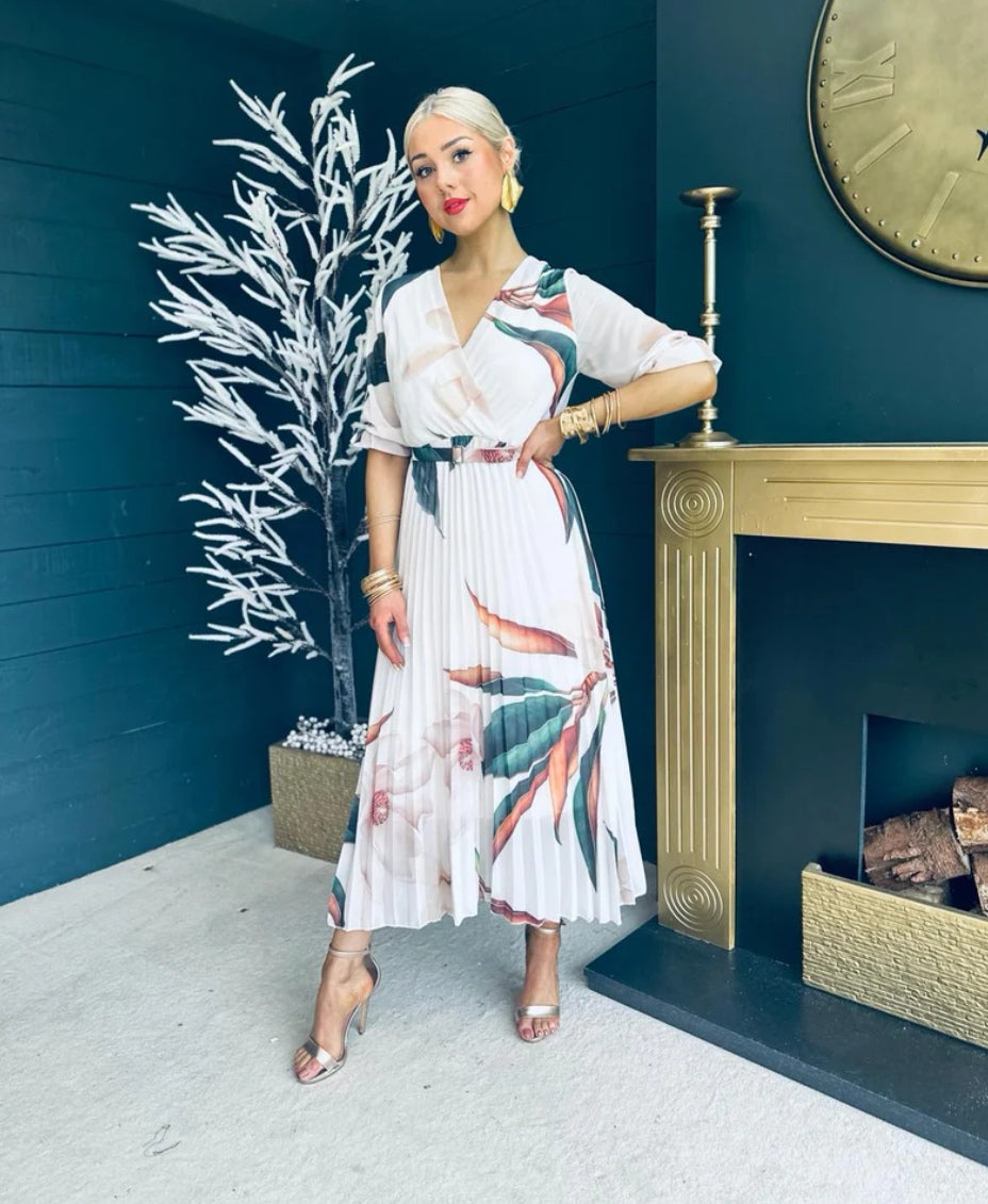 Floral Pleated Belted Midi Dress in Cream image 1