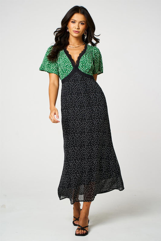 Black & Green Print Angel Sleeve Maxi Dress