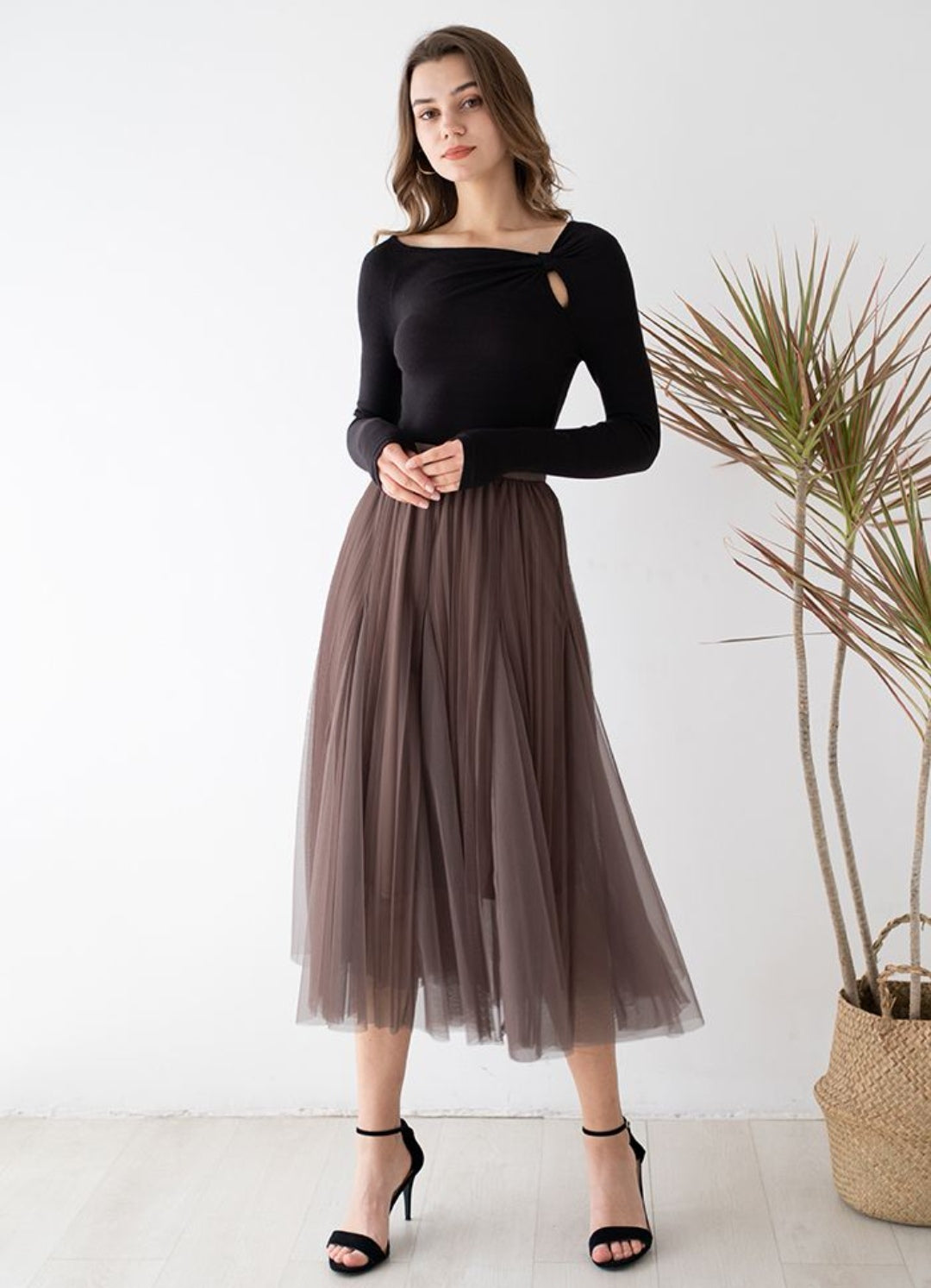 Double Layer Mesh Pleated Midi Skirt - Coffee - 4 Sizes S to XL image 0