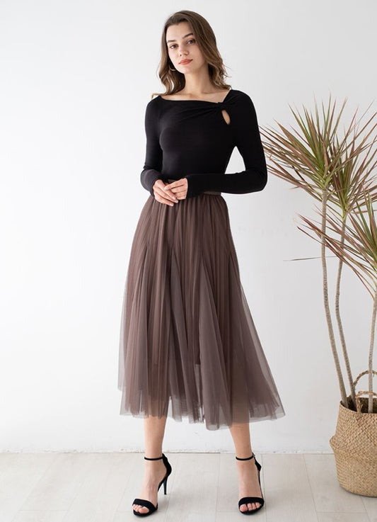 Double Layer Mesh Pleated Midi Skirt - Coffee - 4 Sizes S to XL image 0