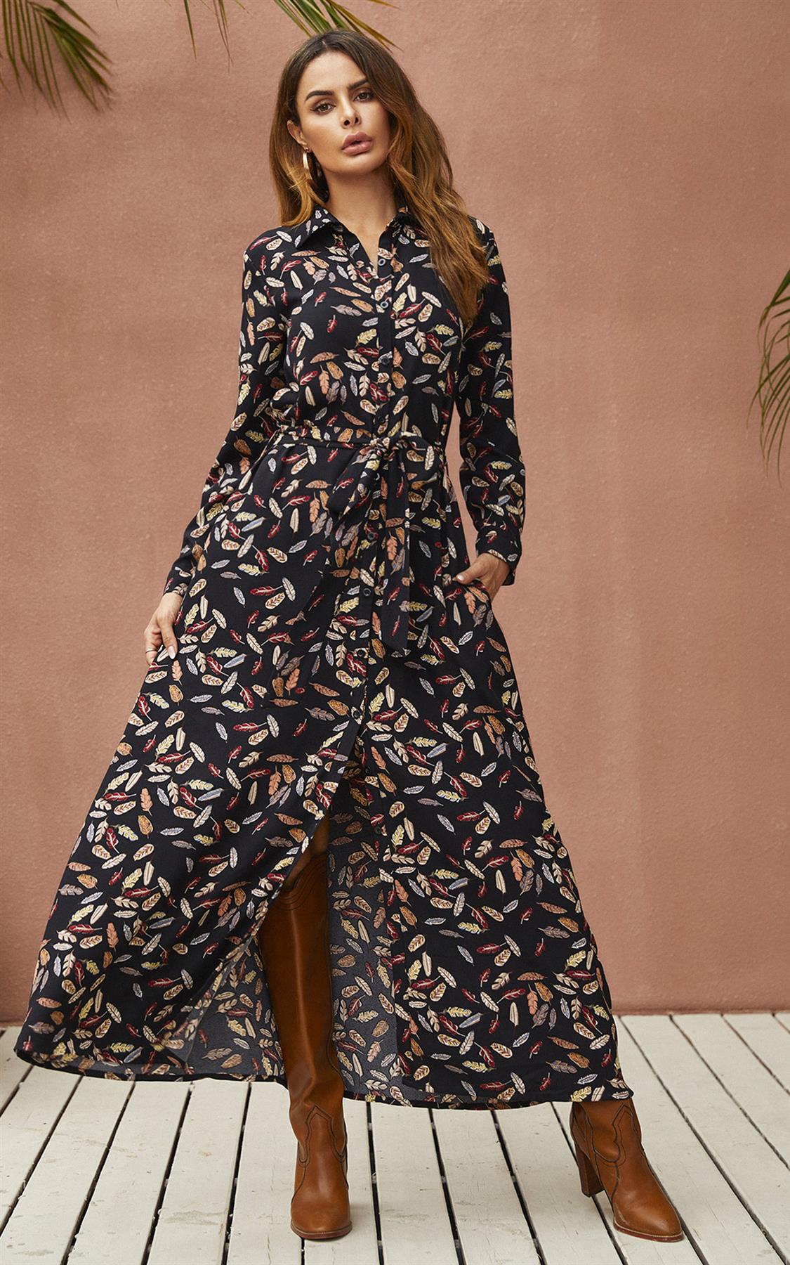 Black Leaf Print Shirt Dress With Tie Waist and Gold Stretch Leaf Belt
