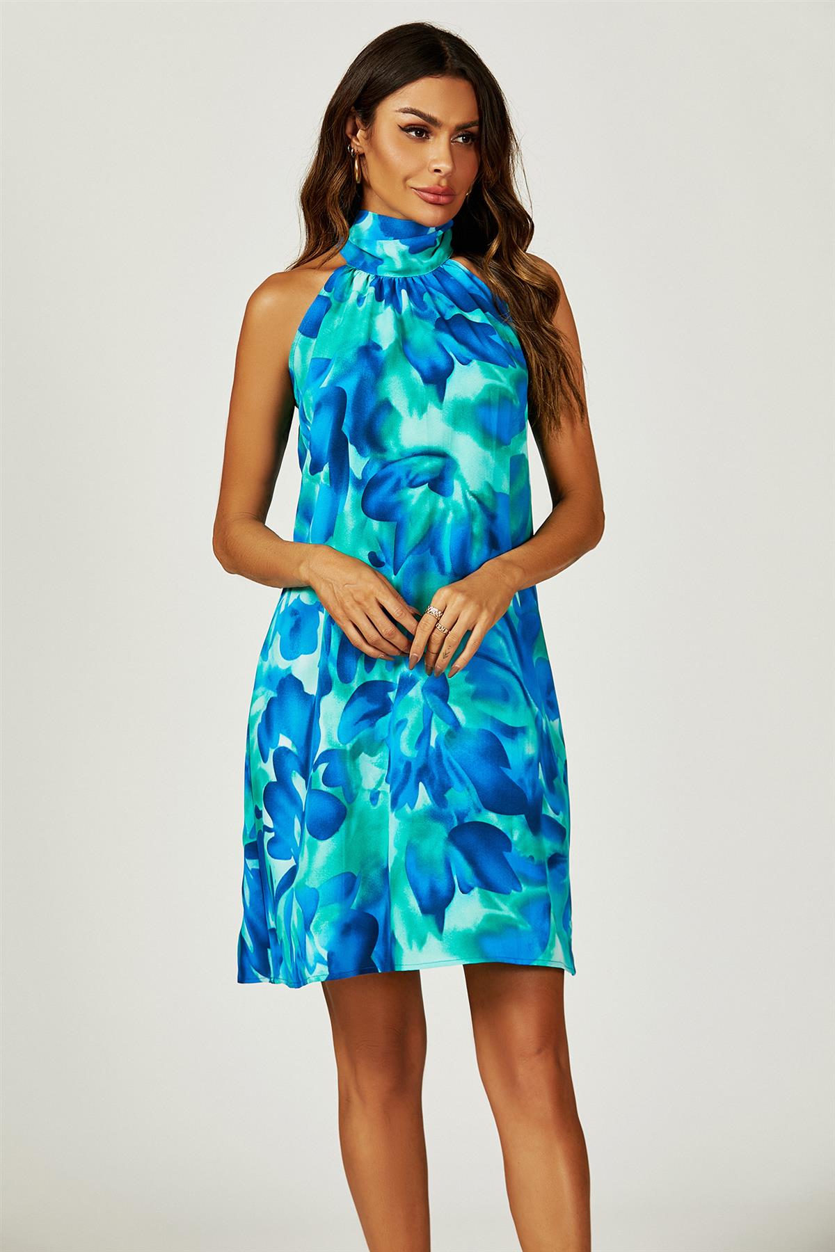 Blue Abstract Print Halter Neck Tie Back Dress