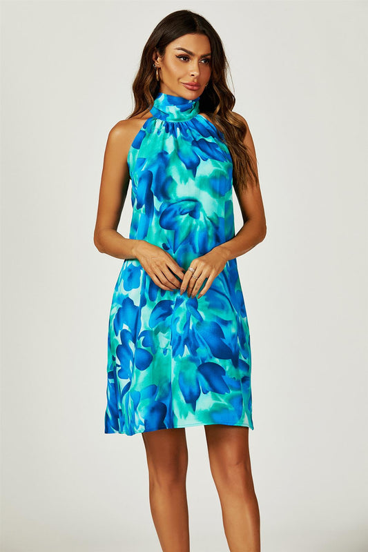 Blue Abstract Print Halter Neck Tie Back Dress