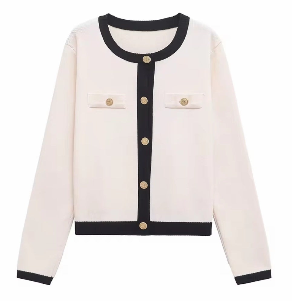 Round Neck Colour Contrast Soft Knit Cardigan - Ecru/Black  image 1