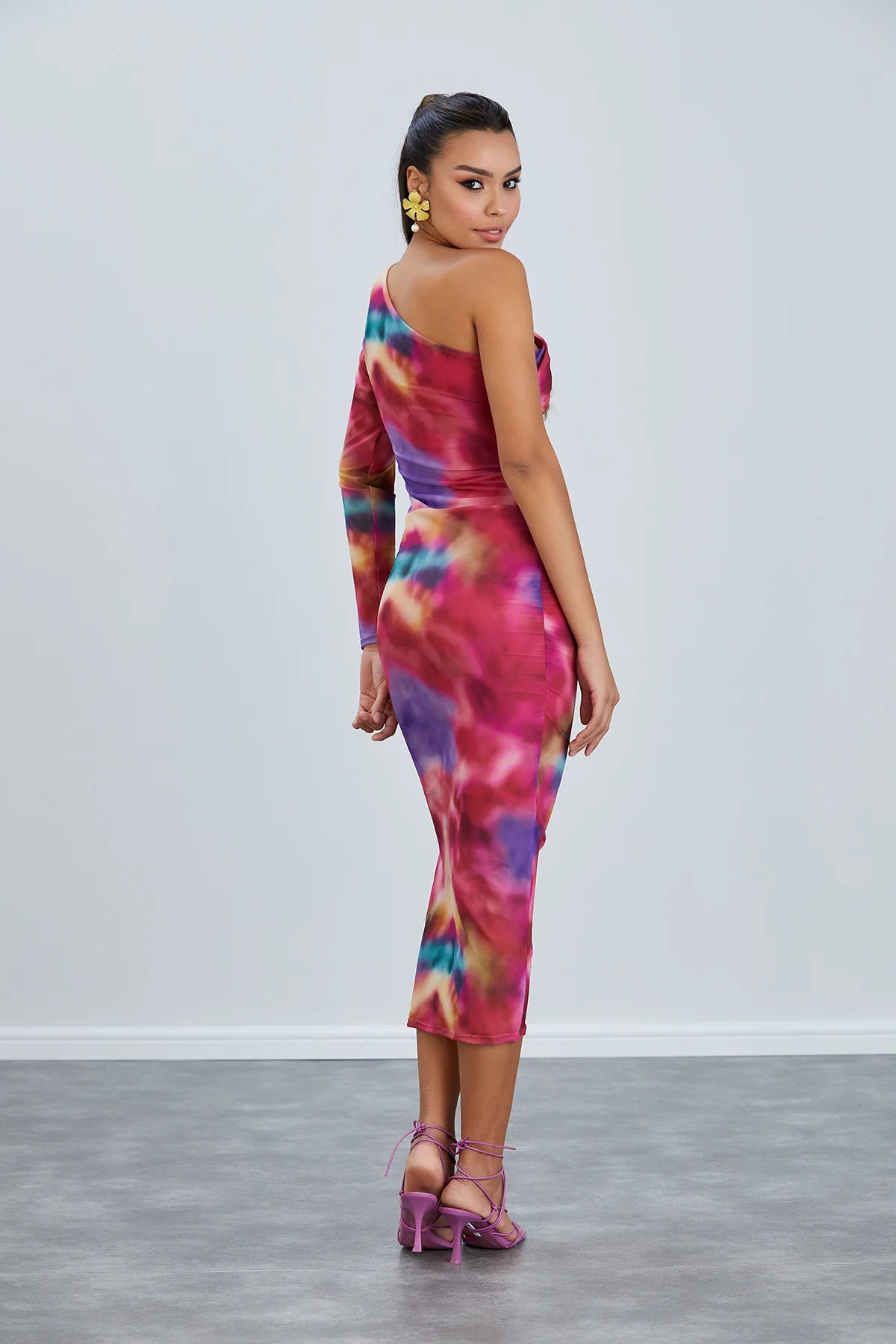 One Shoulder Mesh Dress in Tie-Dye Print - Pink - By Jenerique image 1