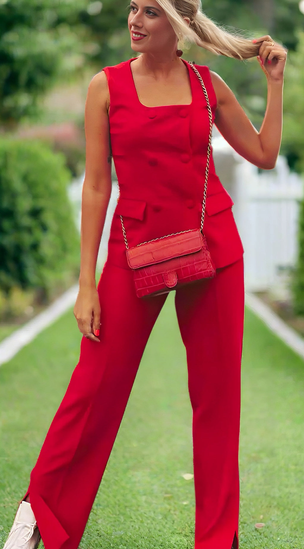 Double Breasted Wide Leg Co Ord - Red image 1
