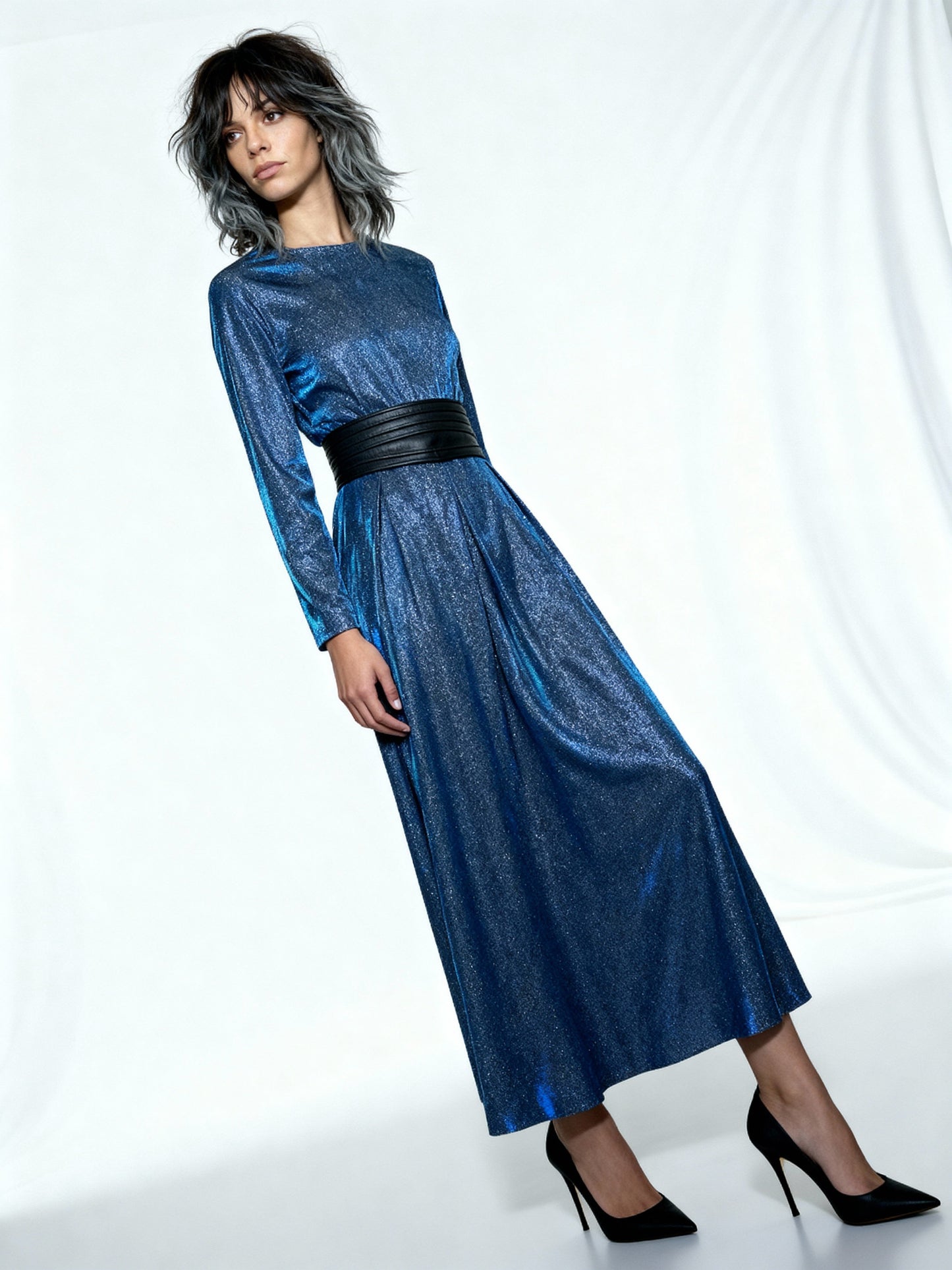 Original Vintage Blue Metallic Maxi Dress UK 10 - 14