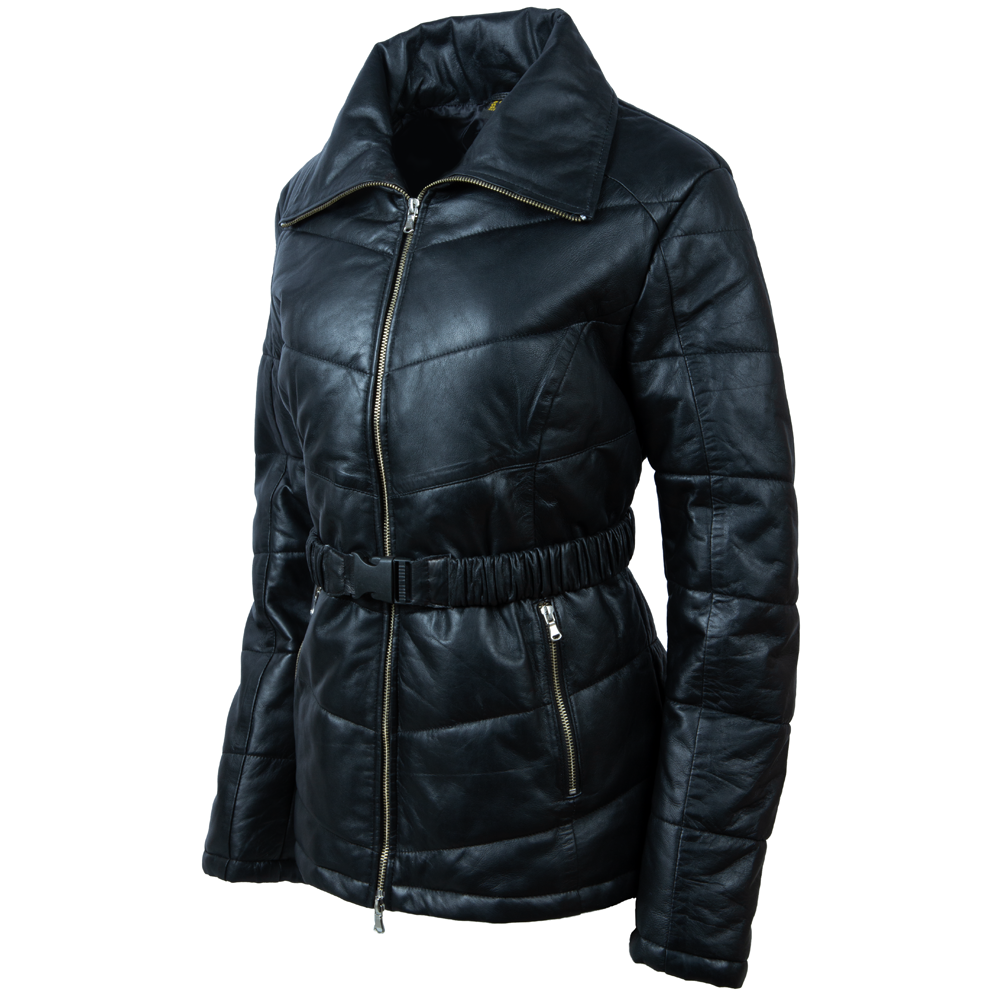 Genuine Leather Women's Puffer Coat - Black