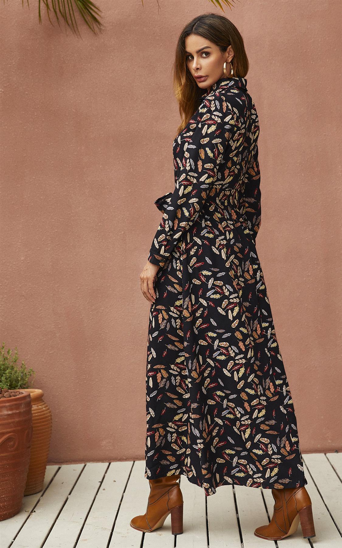 Black Leaf Print Shirt Dress With Tie Waist and Gold Stretch Leaf Belt