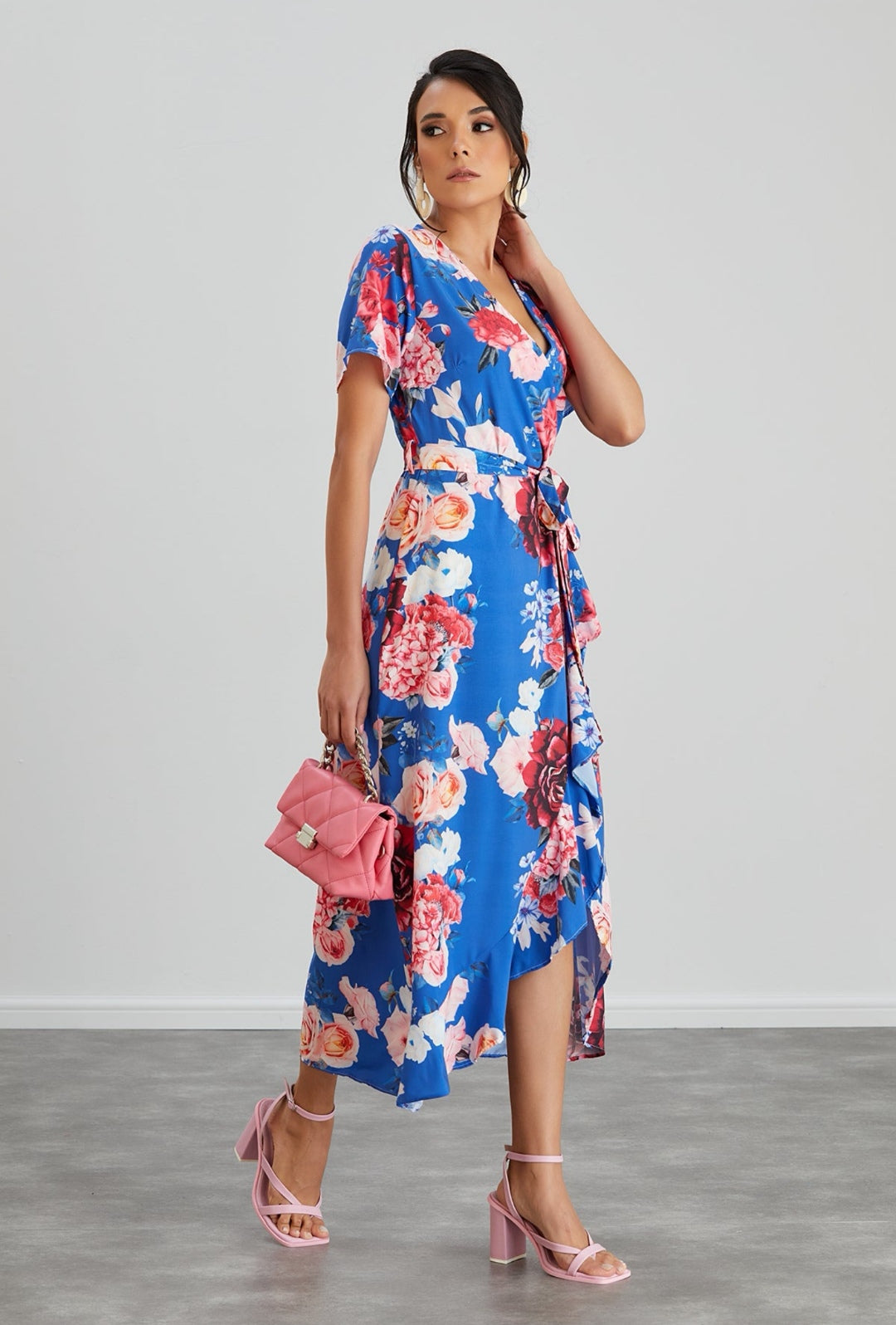 Wrap Midi Dress with Frill Skirt - Blue Floral - By Jenerique image 1